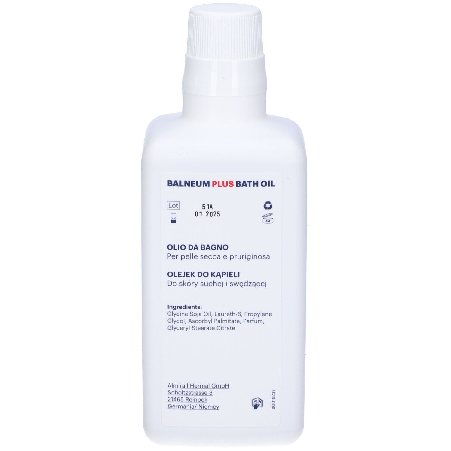 Weiße Flasche mit BALNEUM PLUS BATH OIL Aufschrift. Enthält Öl für trockene, juckende Haut.