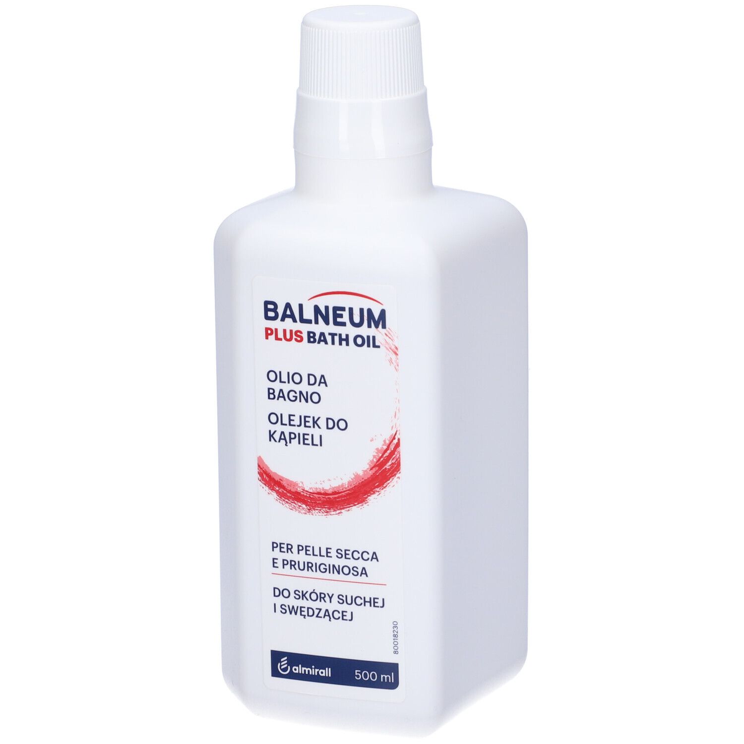 Weiße Flasche Balneum Plus Badeöl, 500 ml.