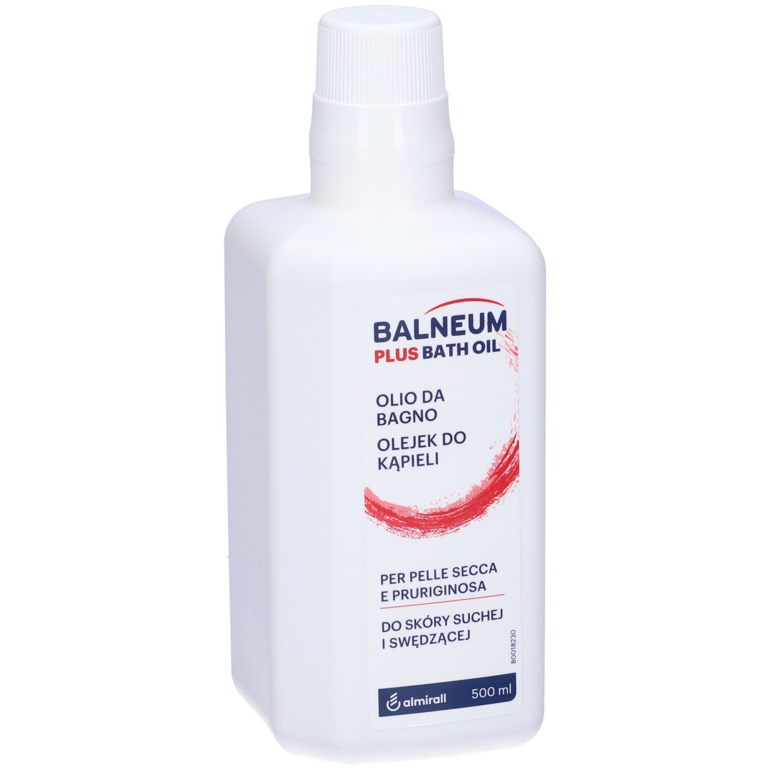 Weiße Flasche Balneum Plus Badeöl, 500 ml. Für trockene, juckende Haut.