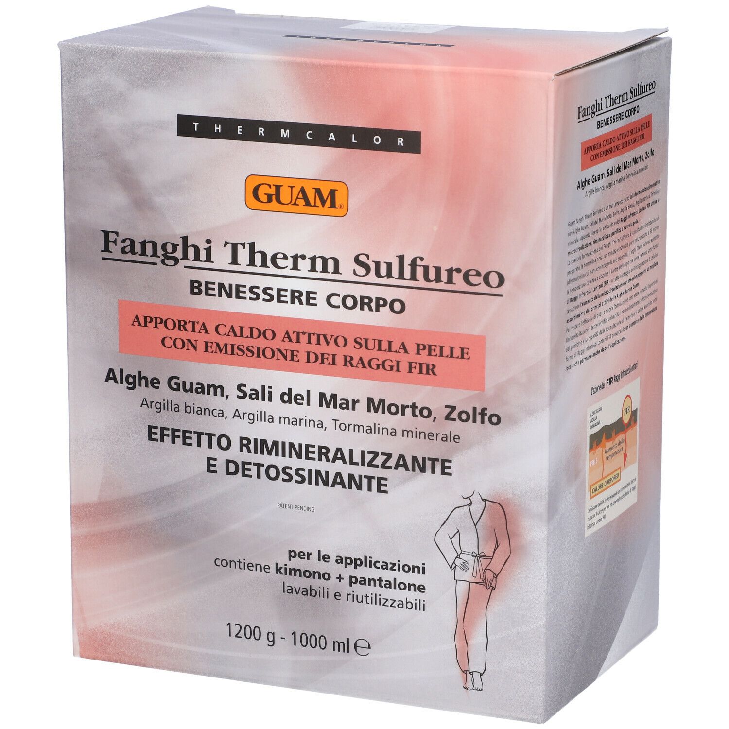 GUAM Fanghi Therm Sulfureo. Confezione del prodotto. Scritte: Fanghi Therm Sulfureo, alghe, sale marino, zolfo. Con illustrazione.