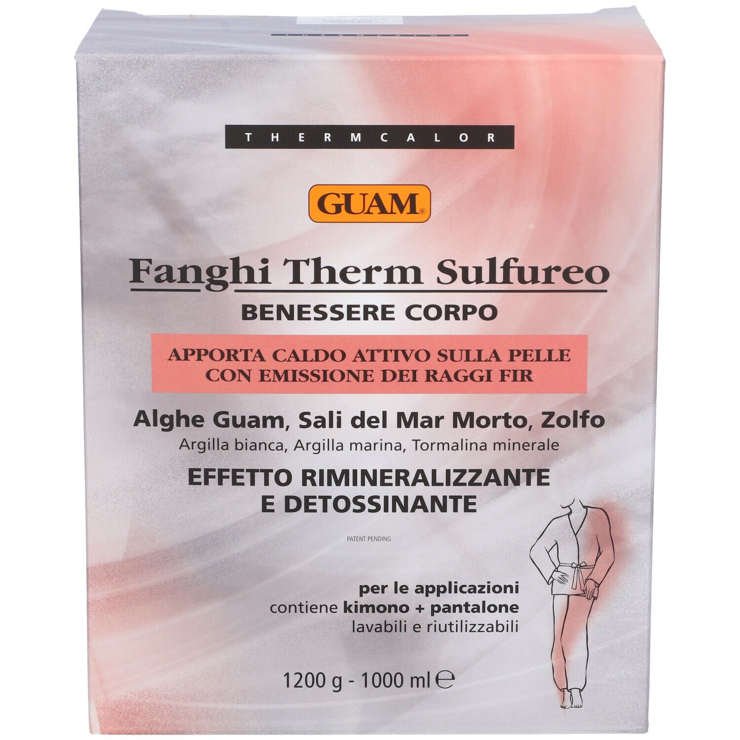 GUAM Fanghi Therm Sulfureo. Confezione del prodotto. Scritte: Fanghi Therm Sulfureo, alghe, sale marino, zolfo. Con illustrazione.