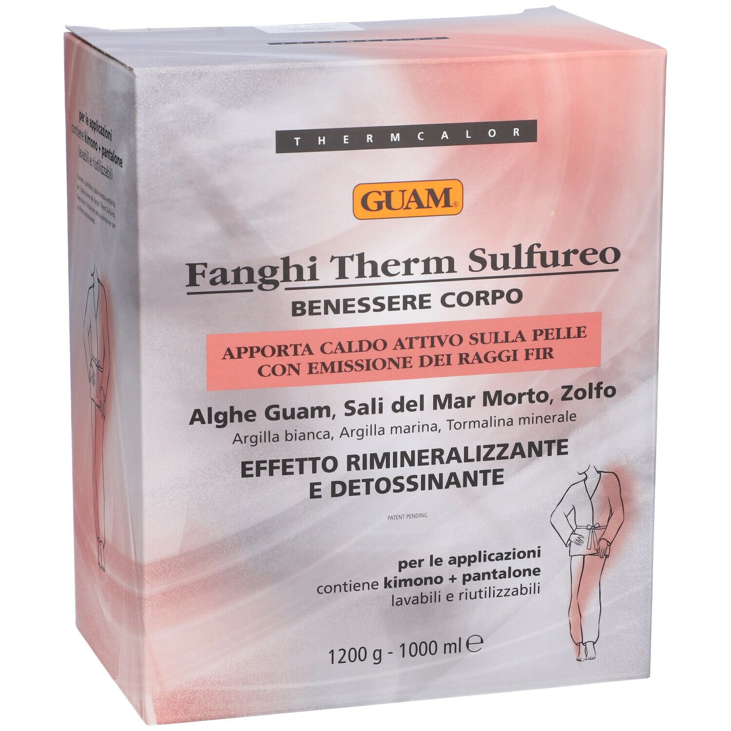 GUAM Fanghi Therm Sulfureo. Confezione del prodotto. Scritte: Fanghi Therm Sulfureo, alghe, sale marino, zolfo. Con illustrazione.