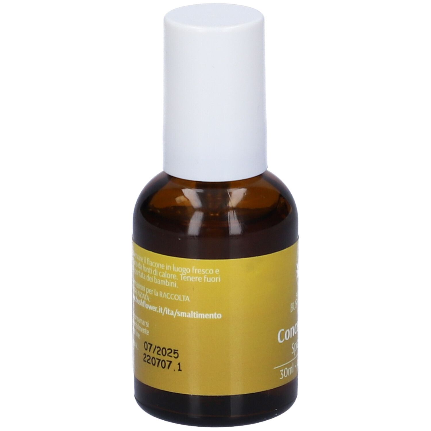 Flacone di vetro marrone con vaporizzatore bianco. Etichetta gialla con testo e data di scadenza.