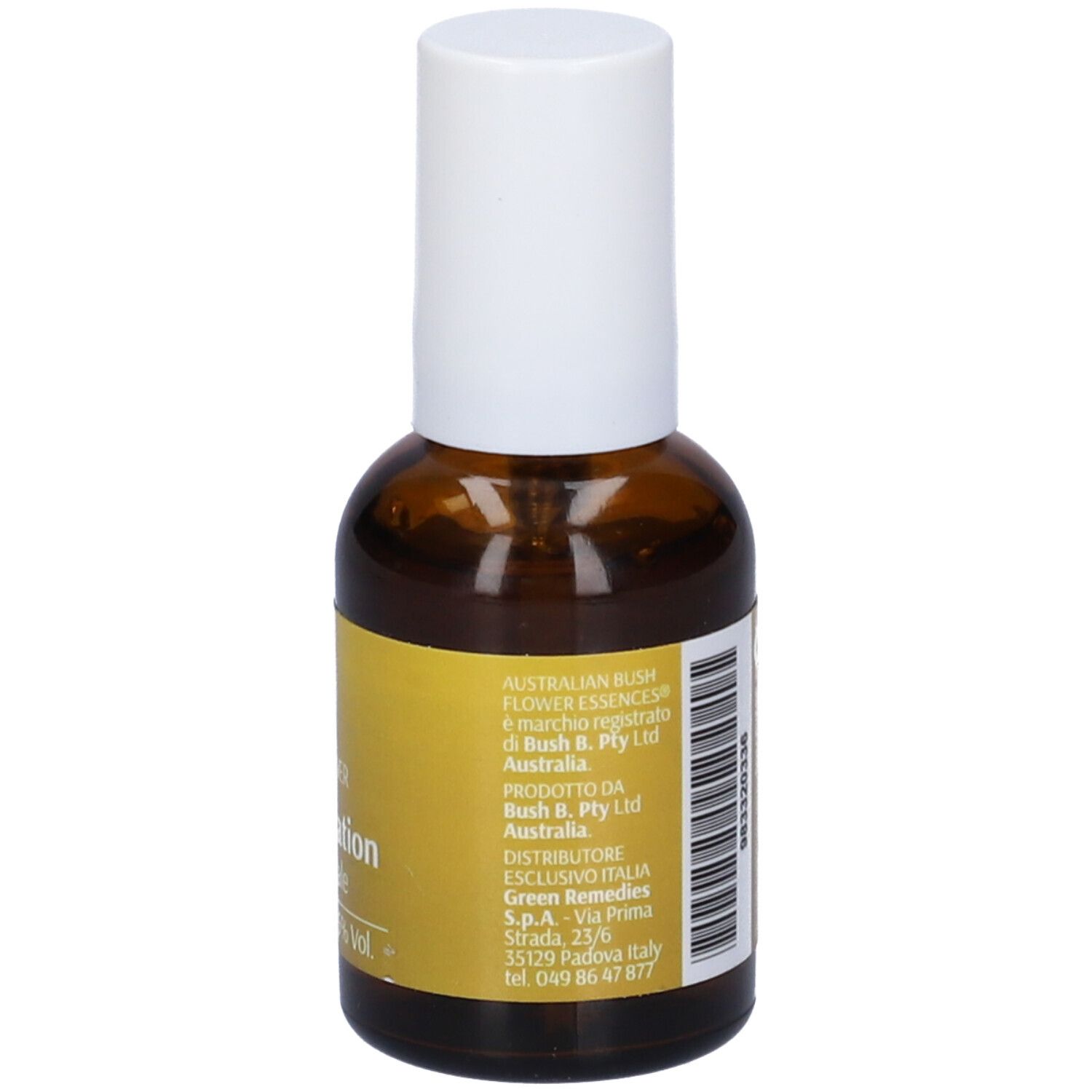 Flacone di vetro marrone con vaporizzatore bianco. Etichetta gialla con testo e informazioni del produttore.