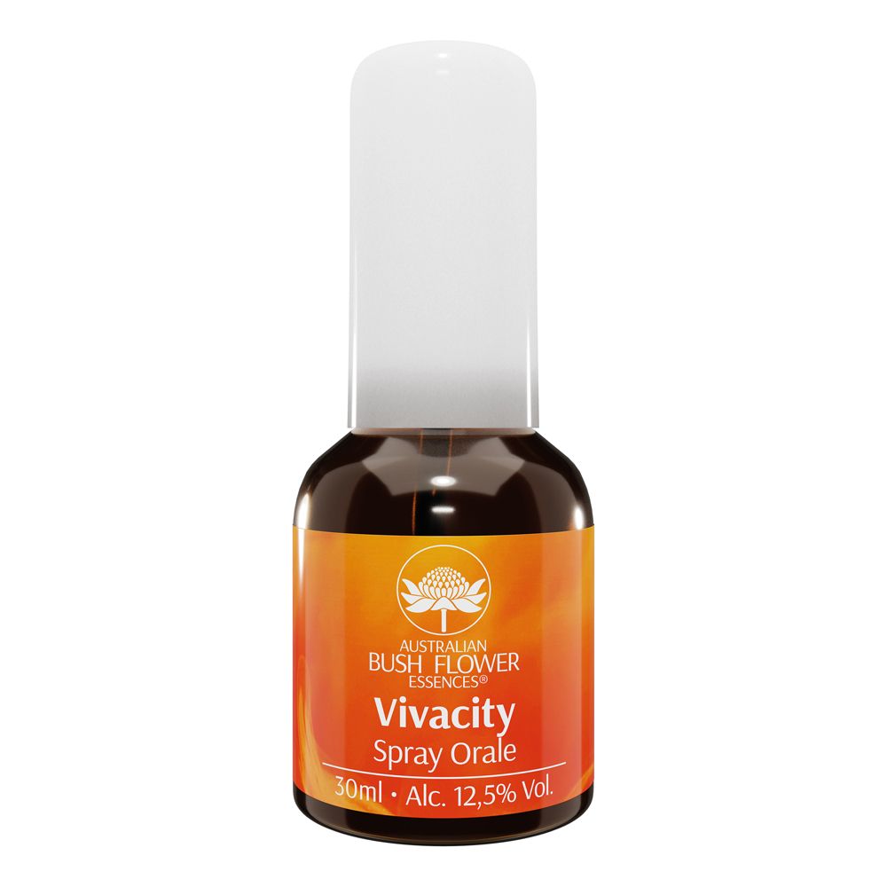 Flacone di vetro marrone con erogatore bianco. Scritta: Vivacity Spray Orale, 30ml, Alc. 12,5% Vol.