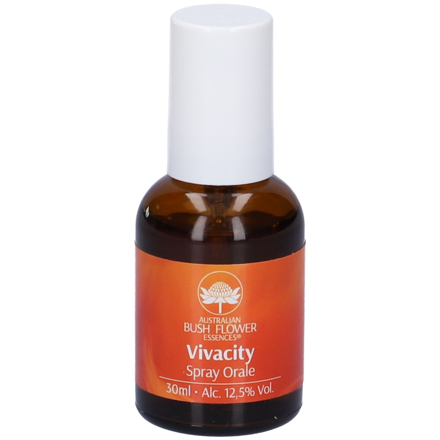 Flacone di vetro marrone con erogatore bianco. Scritta: Vivacity Spray Orale, 30ml, Alc. 12,5% Vol.