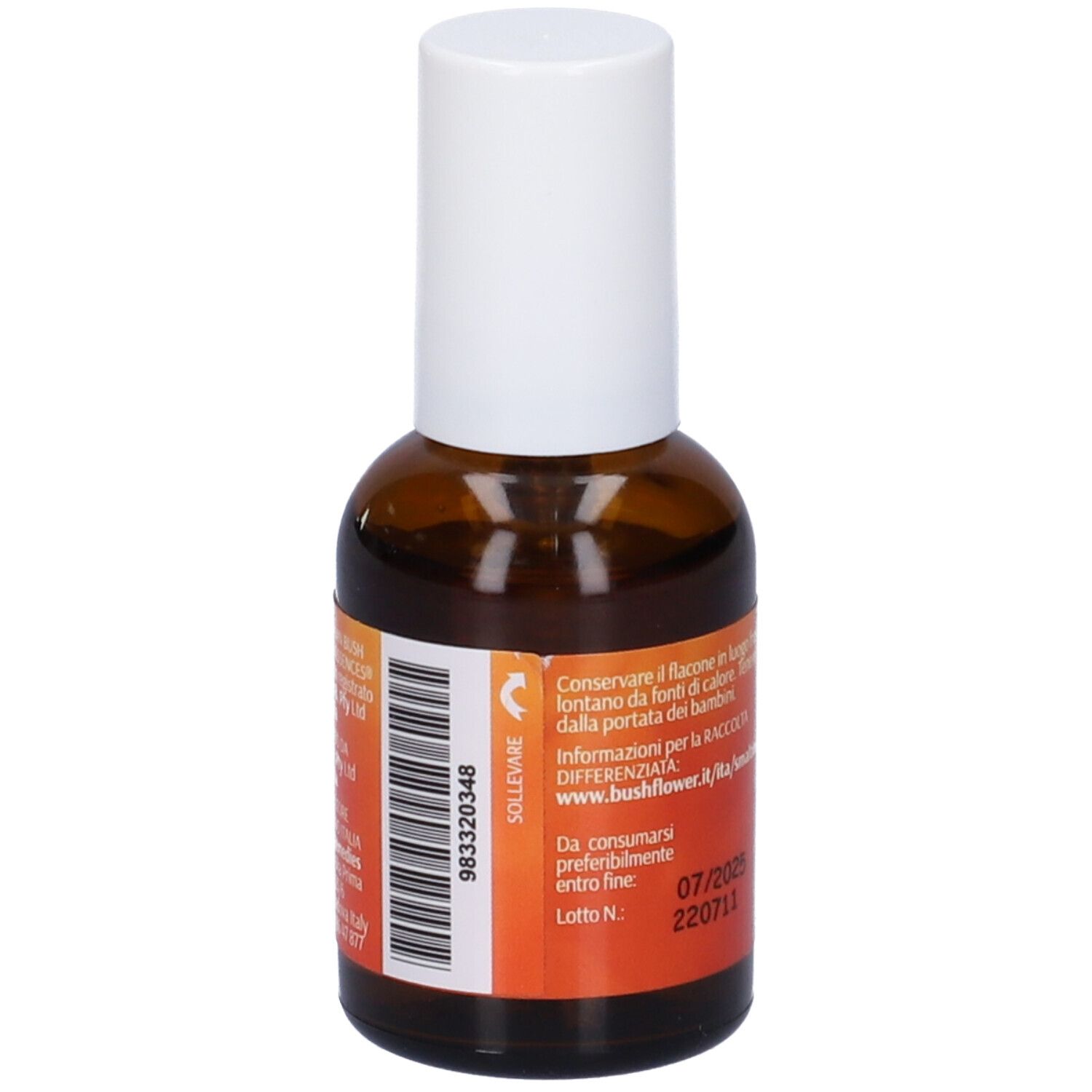 Flacone di vetro marrone con erogatore bianco. Scritta: Vivacity Spray Orale, 30ml, Alc. 12,5% Vol. Testo sul retro.