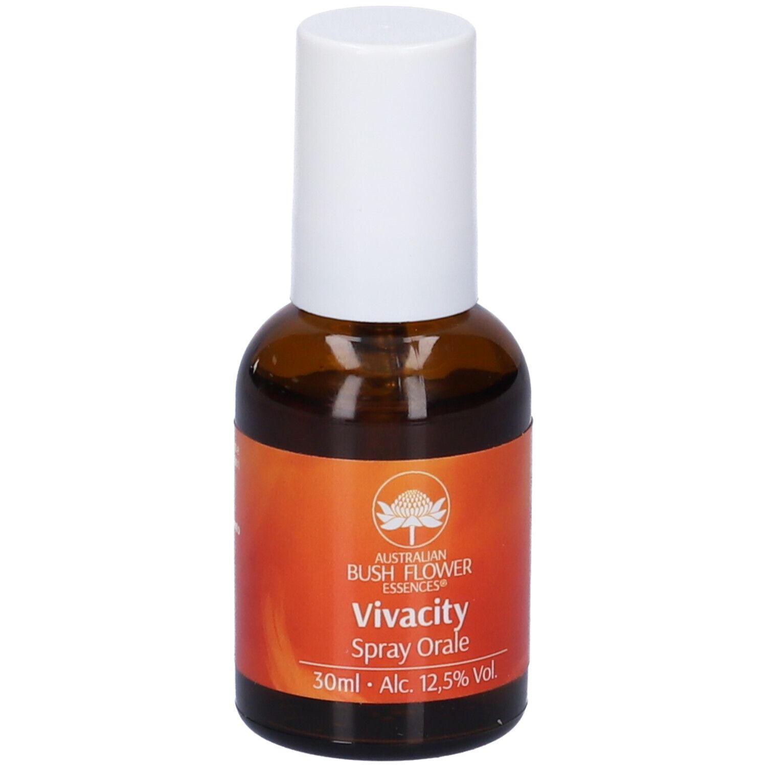 Flacone di vetro marrone con erogatore bianco. Scritta: Vivacity Spray Orale, 30ml, Alc. 12,5% Vol.