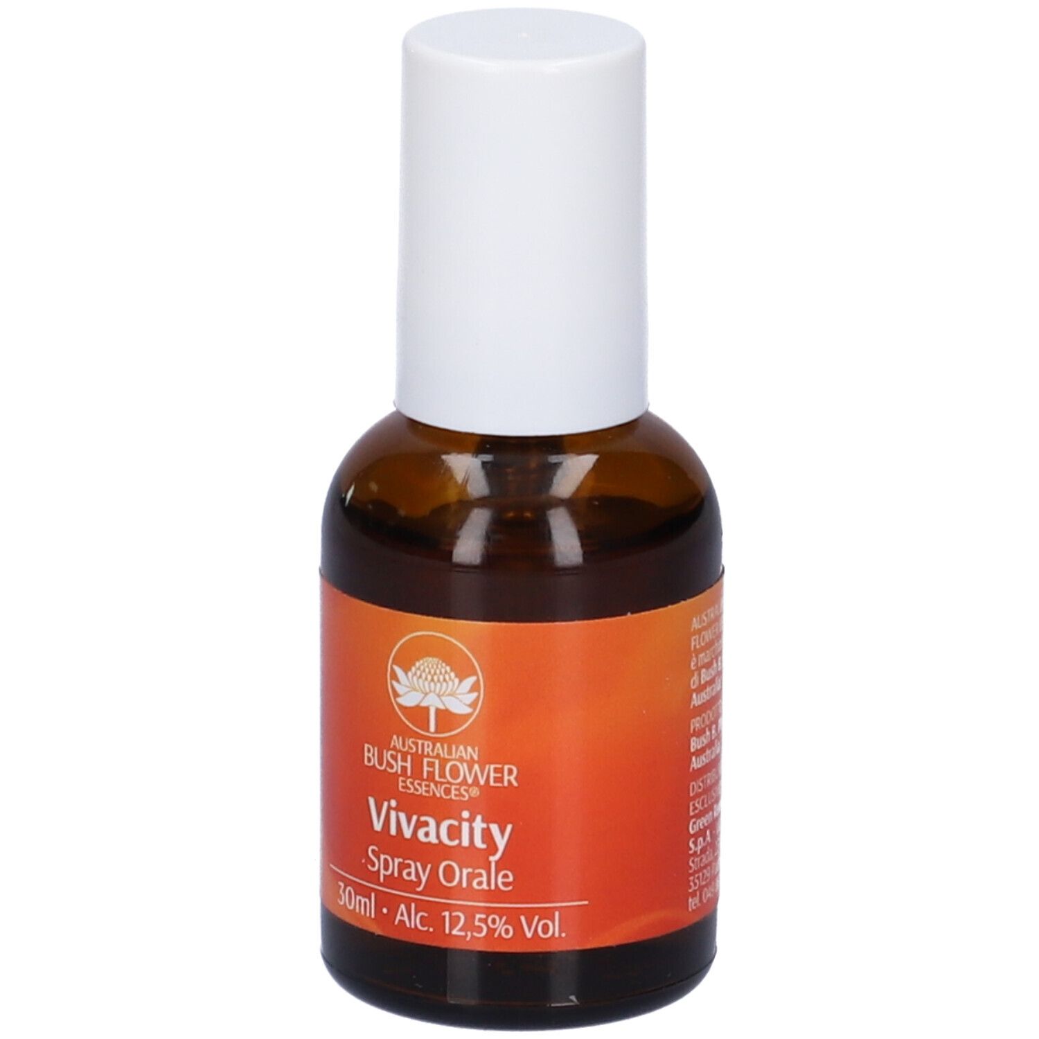 Flacone di vetro marrone con erogatore bianco. Scritta: Vivacity Spray Orale, 30ml, Alc. 12,5% Vol.
