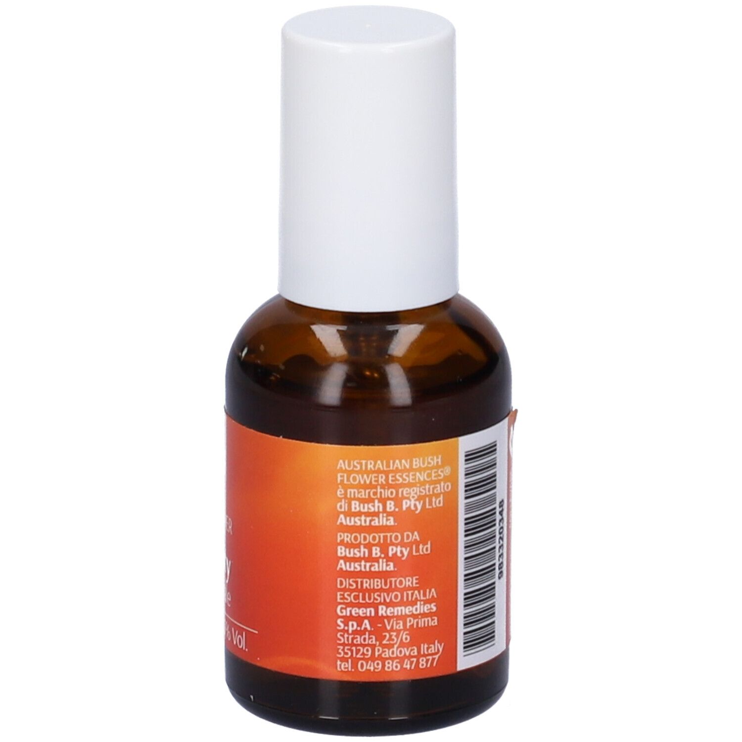 Flacone di vetro marrone con erogatore bianco. Scritta: Vivacity Spray Orale, 30ml, Alc. 12,5% Vol. Testo sul retro.