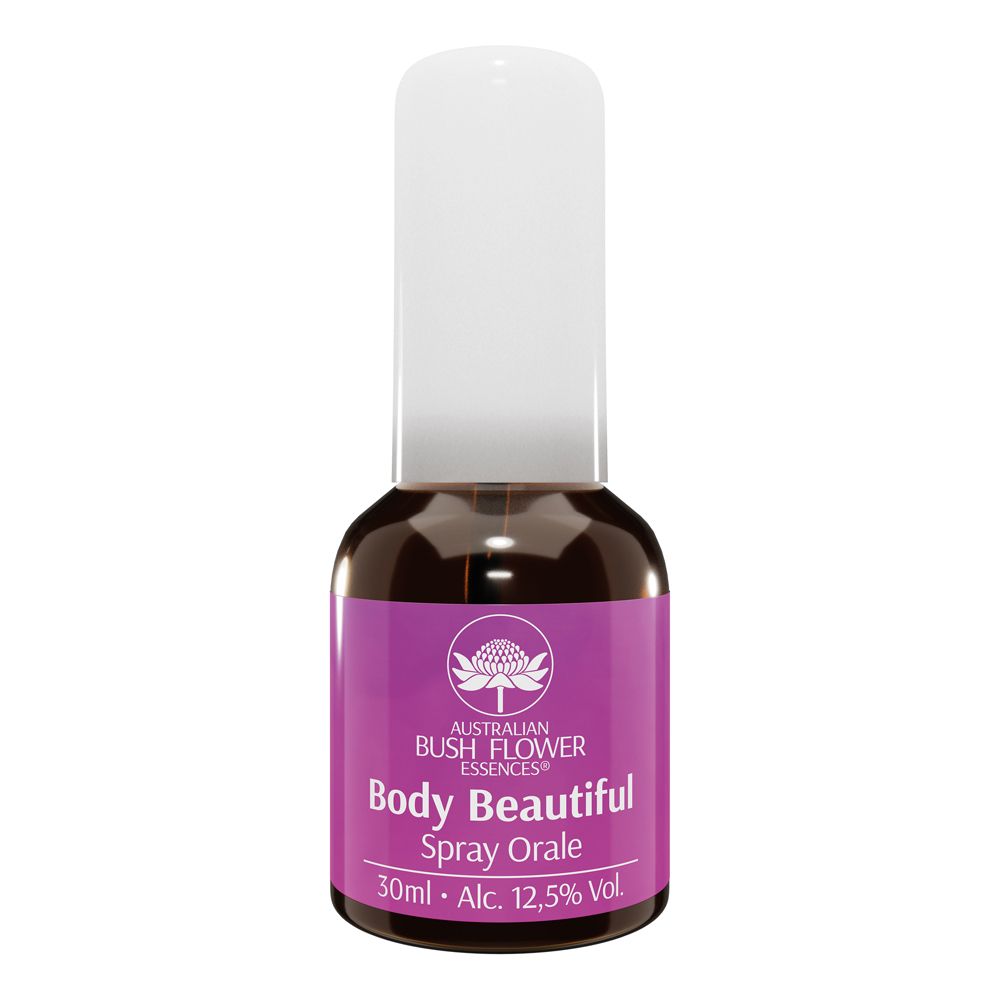 Flacone piccolo con etichetta viola. Scritta: Body Beautiful Spray Orale. Marchio: Australian Bush Flower Essences. Con erogatore bianco.