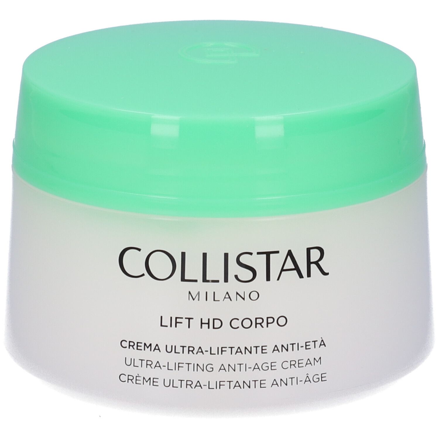 Vaso di crema con coperchio verde. Scritta: Collistar Milano, Lift HD Corpo, Crema Ultra-Liftante Anti-Età.