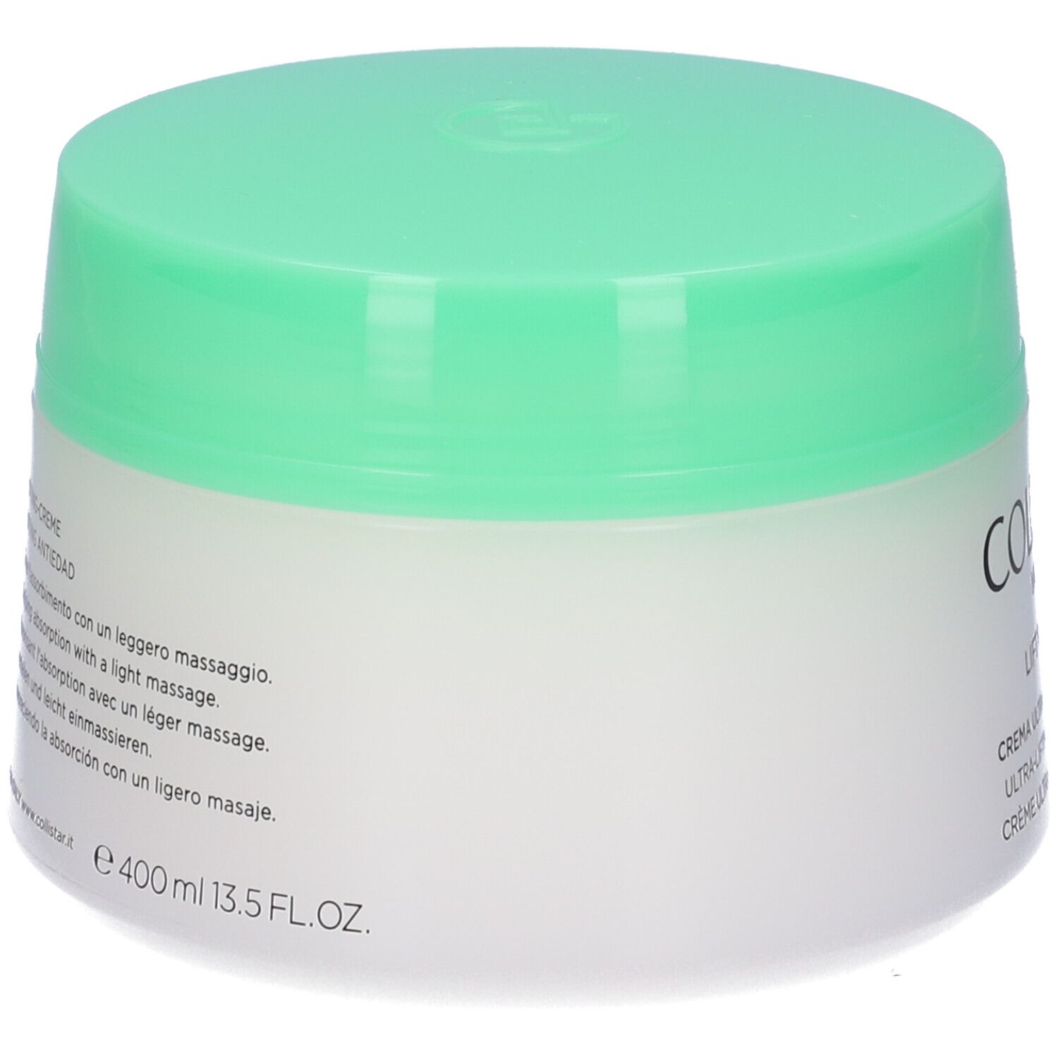 Vaso di crema con coperchio verde. Scritta: Collistar. Testo multilingue. Volume: 400 ml.