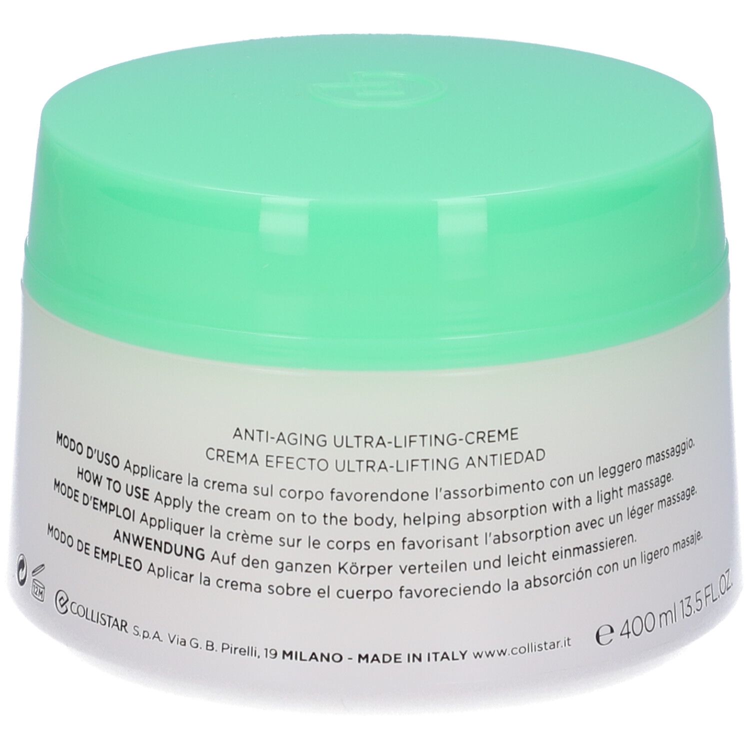 Vaso di crema con coperchio verde. Scritta: Collistar. Testo multilingue. Volume: 400 ml.