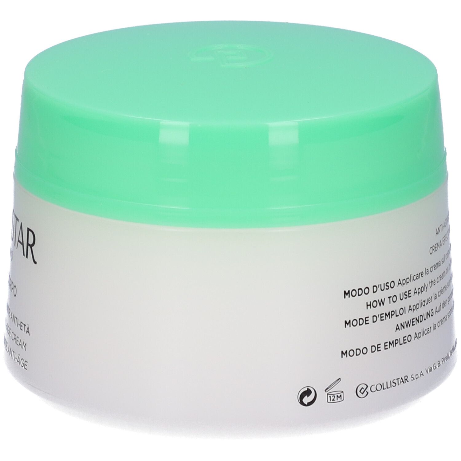 Vaso di crema con coperchio verde. Scritta: Collistar. Testo multilingue. Volume: 400 ml.