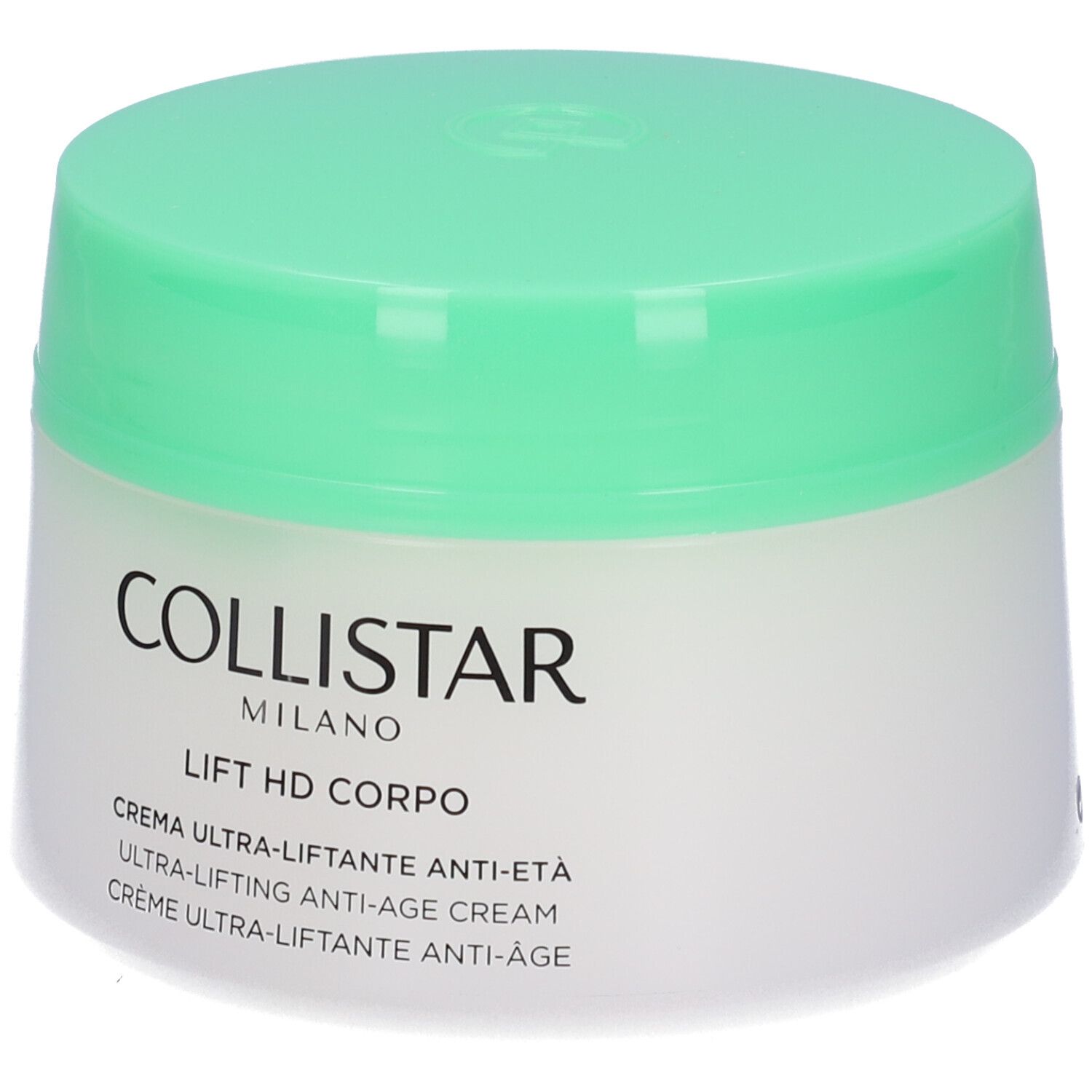 Vaso di crema con coperchio verde. Scritta: Collistar Milano, Lift HD Corpo, Crema Ultra-Liftante Anti-Età.