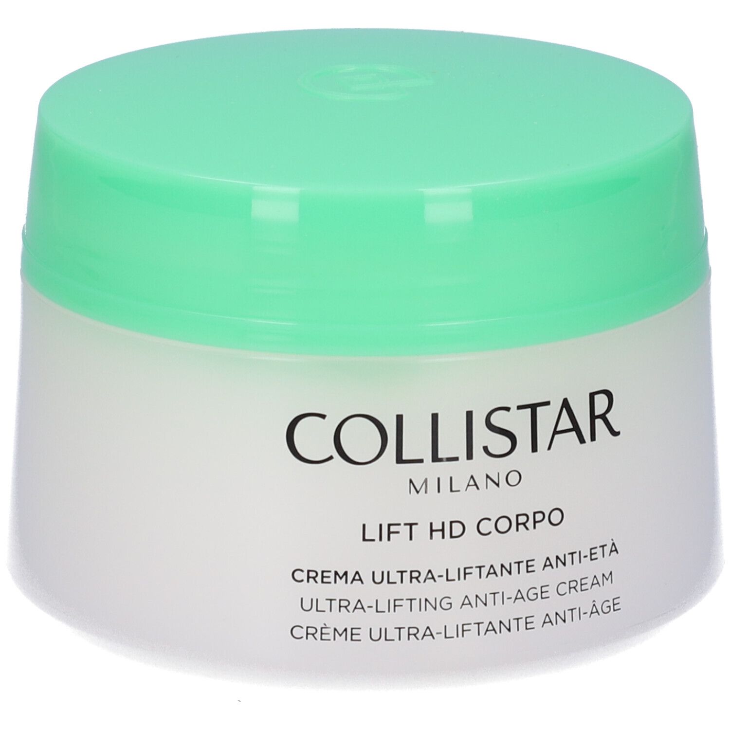 Vaso di crema con coperchio verde. Scritta: Collistar Milano, Lift HD Corpo, Crema Ultra-Liftante Anti-Età.