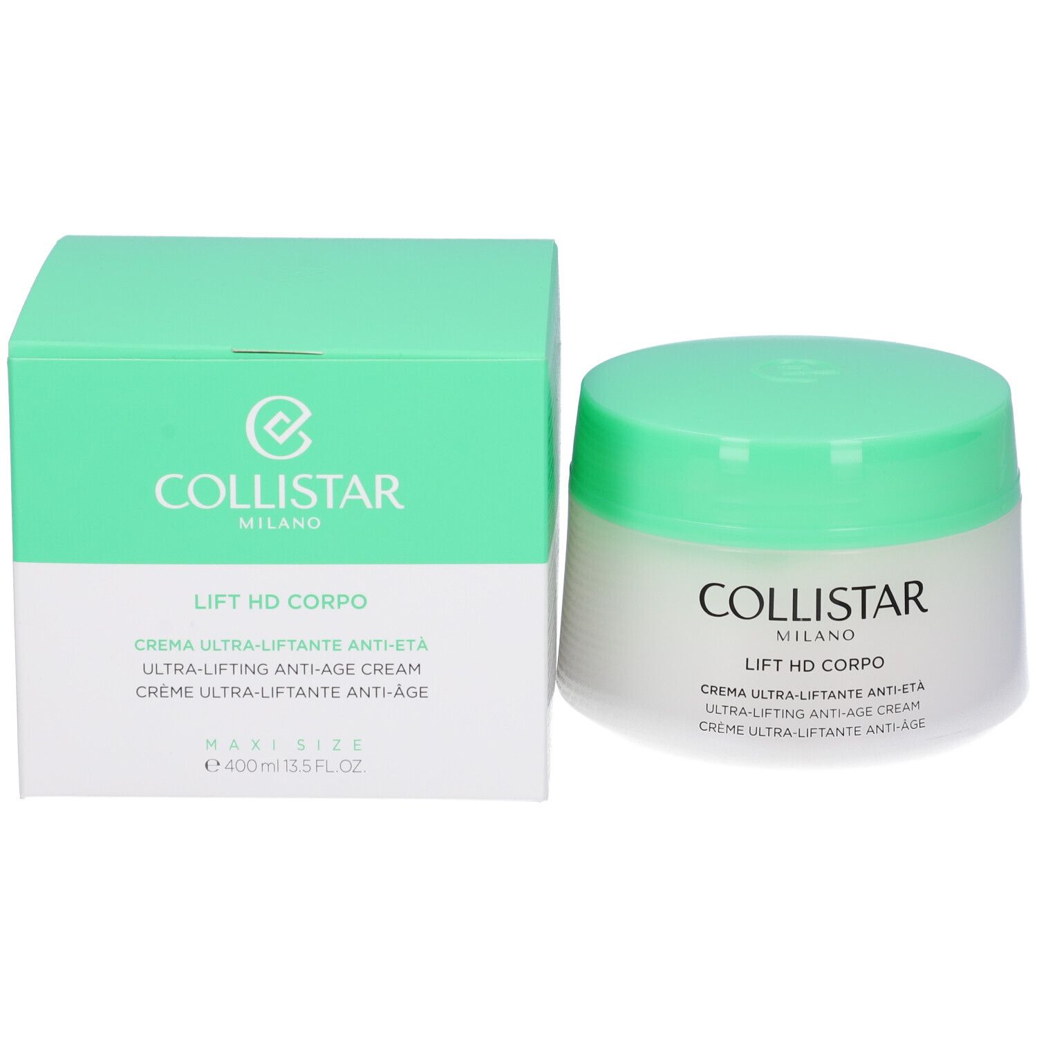 Vaso di crema e scatola. Scritta: Collistar Milano, Lift HD Corpo, Crema Ultra-Liftante Anti-Età. Volume: 400 ml.