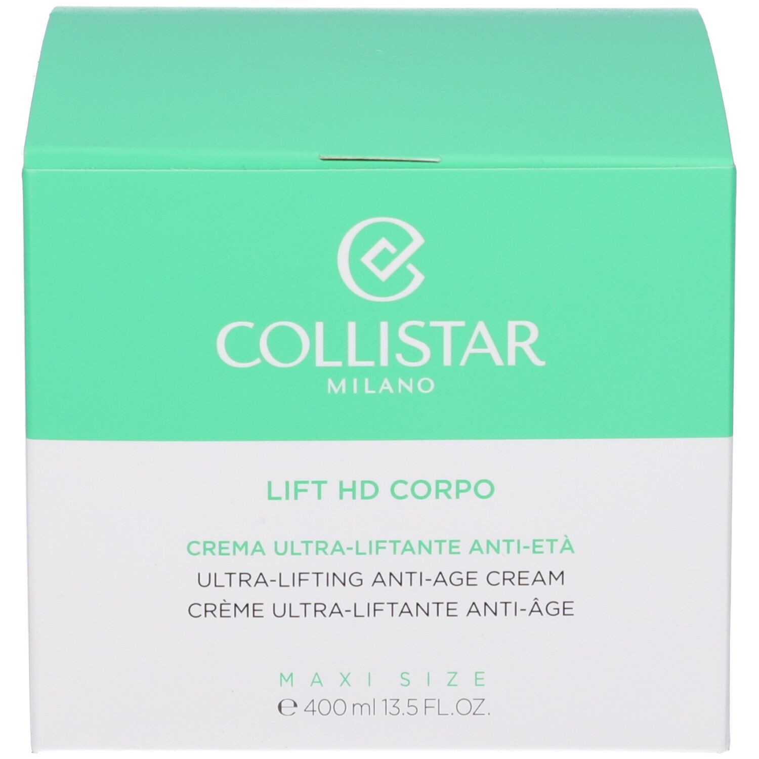 Scatola verde. Scritta: Collistar Milano, Lift HD Corpo, Crema Ultra-Liftante Anti-Età. Volume: 400 ml.