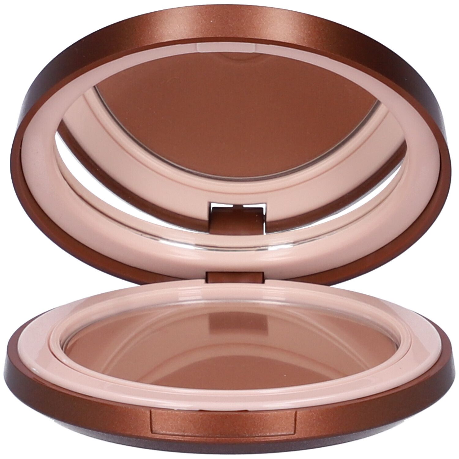 Cofanetto cosmetico rotondo aperto con specchio e polvere. Cofanetto marrone, anello interno beige, polvere marrone.