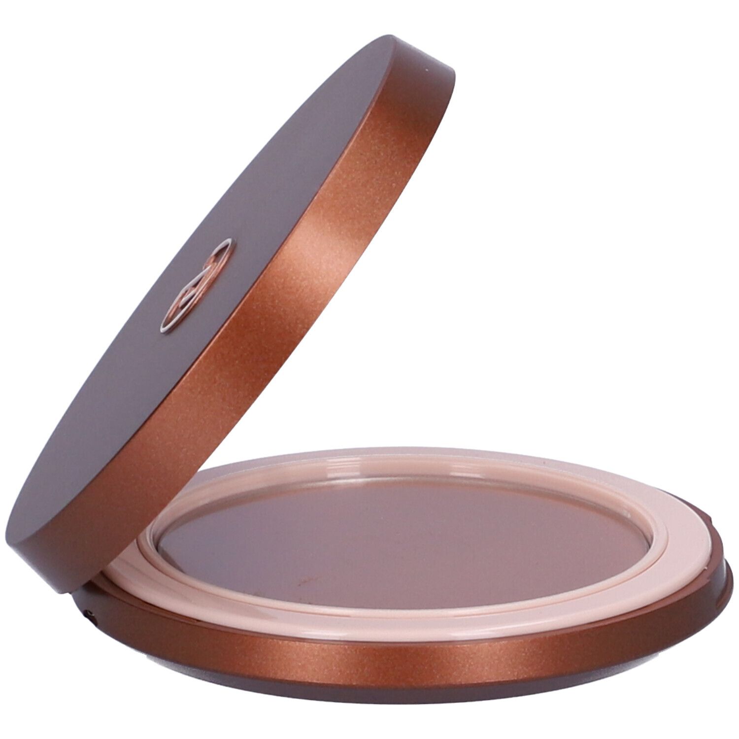 Cofanetto cosmetico rotondo aperto. Cofanetto marrone, anello interno beige, polvere marrone. Coperchio leggermente aperto.