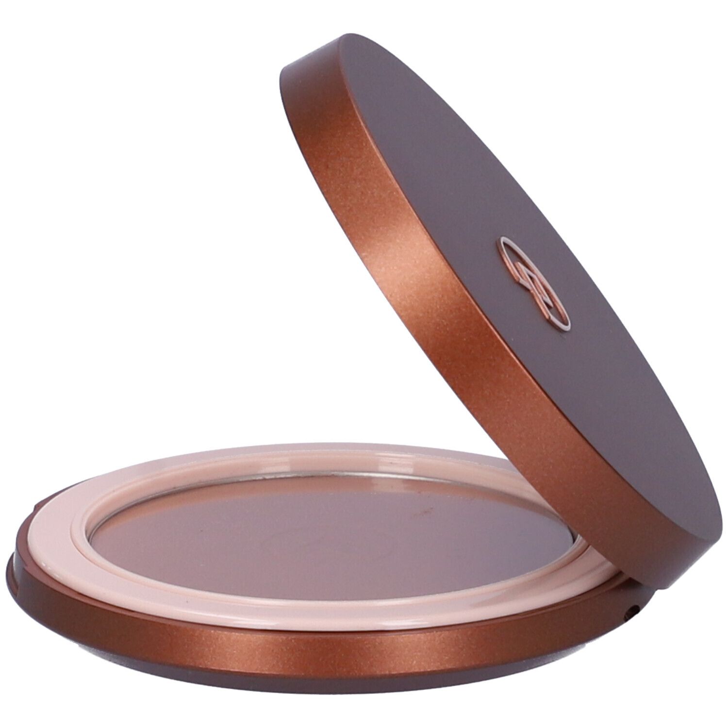 Cofanetto cosmetico rotondo aperto. Cofanetto marrone, anello interno beige, polvere marrone. Coperchio semiaperto.