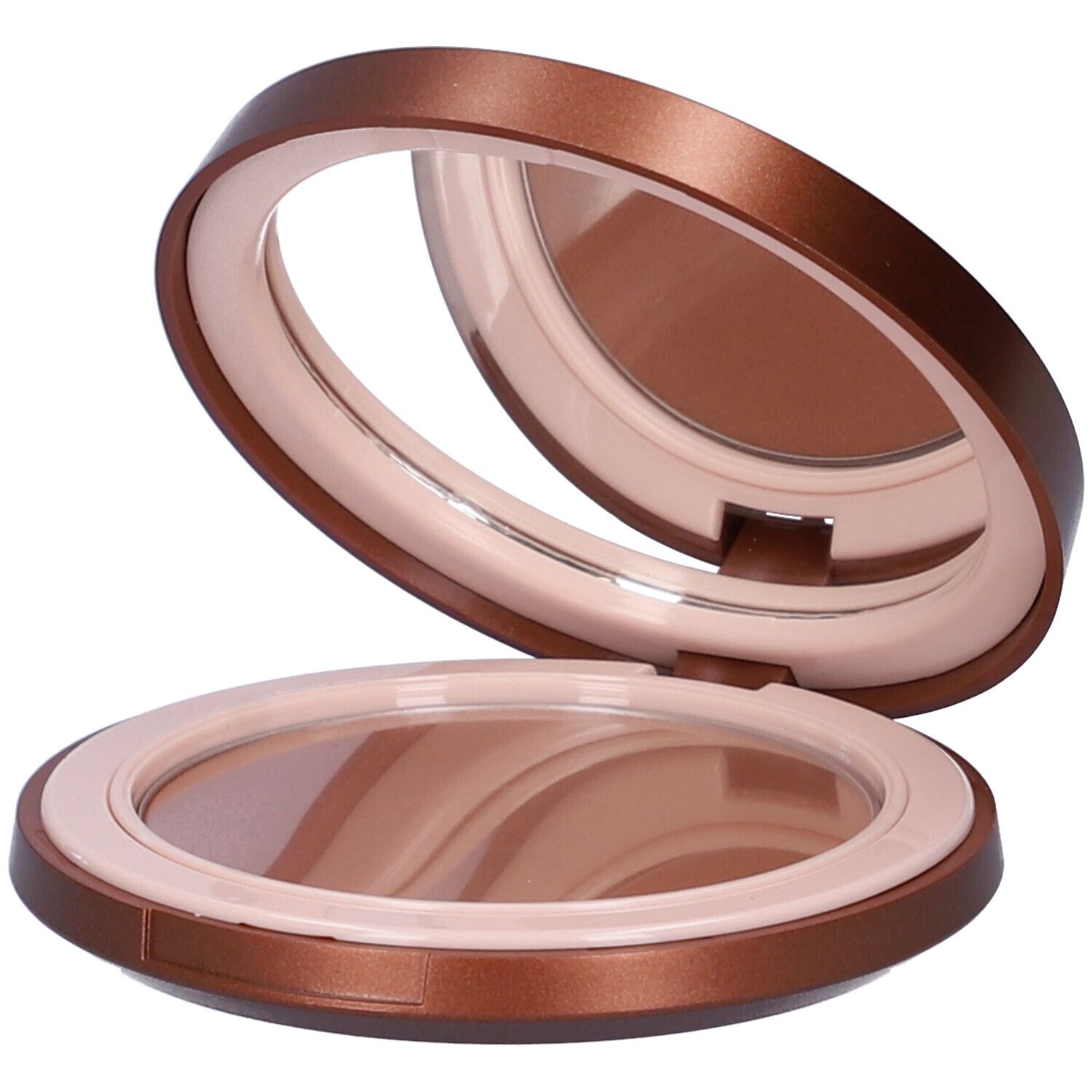 Cofanetto cosmetico rotondo aperto con specchio e polvere. Cofanetto marrone, anello interno beige, polvere marrone.