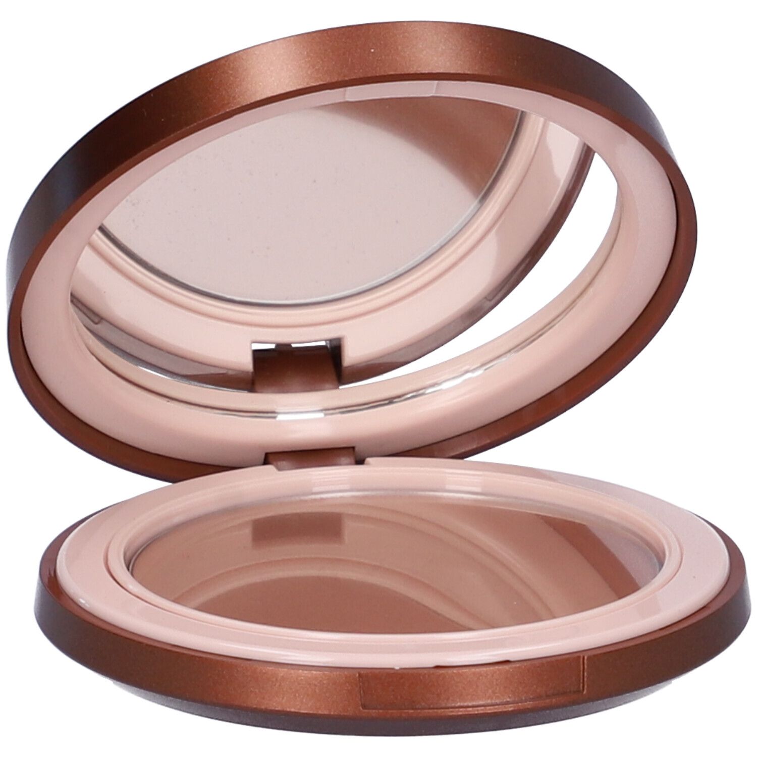 Cofanetto cosmetico rotondo aperto con specchio e polvere. Cofanetto marrone, anello interno beige, polvere marrone.
