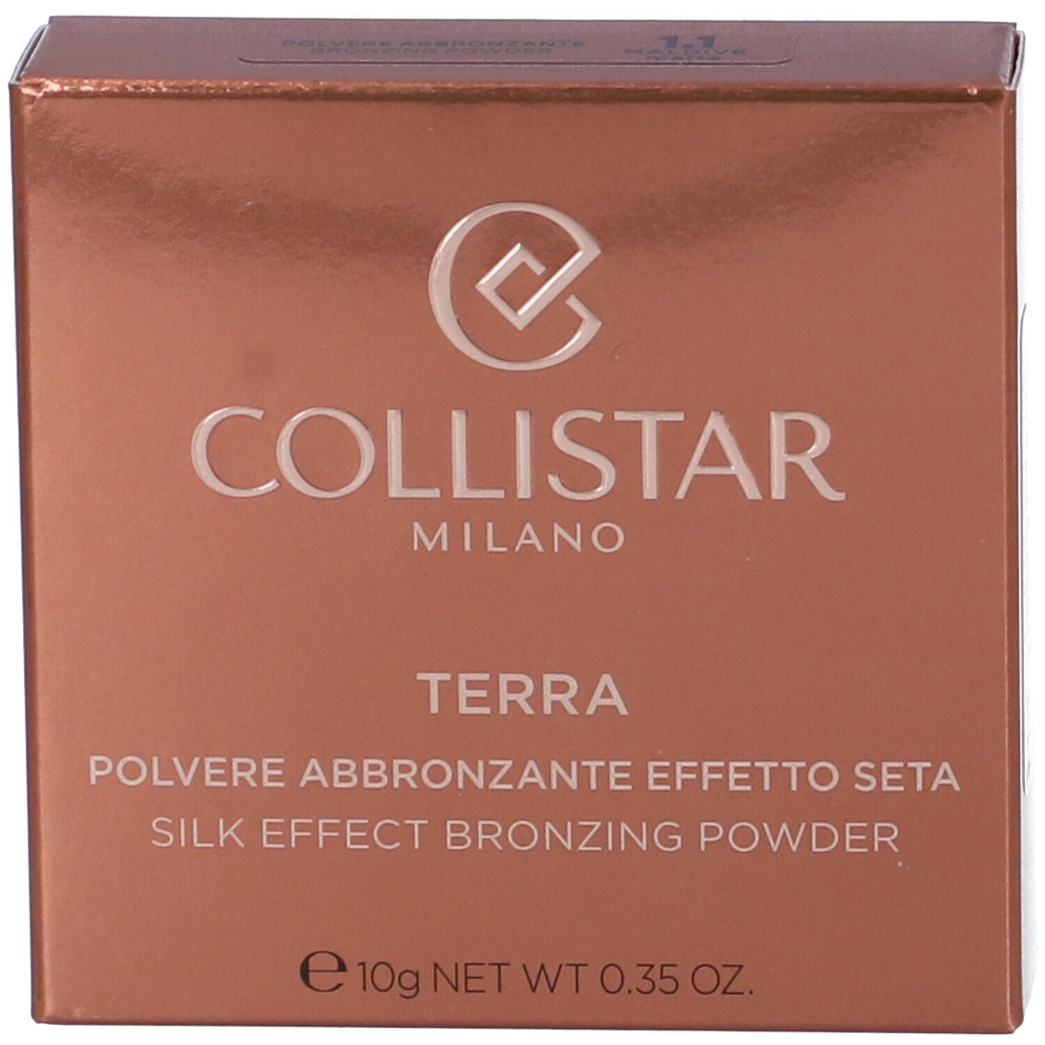Confezione marrone con testo. Marchio COLLISTAR. Nome prodotto TERRA. Testo: polvere abbronzante.