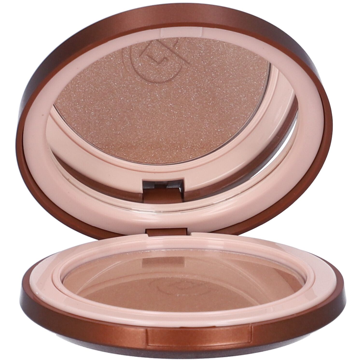 Cipria compatta bronzante rotonda aperta con specchio. Interno marrone chiaro, esterno marrone e rosa. Coperchio aperto.