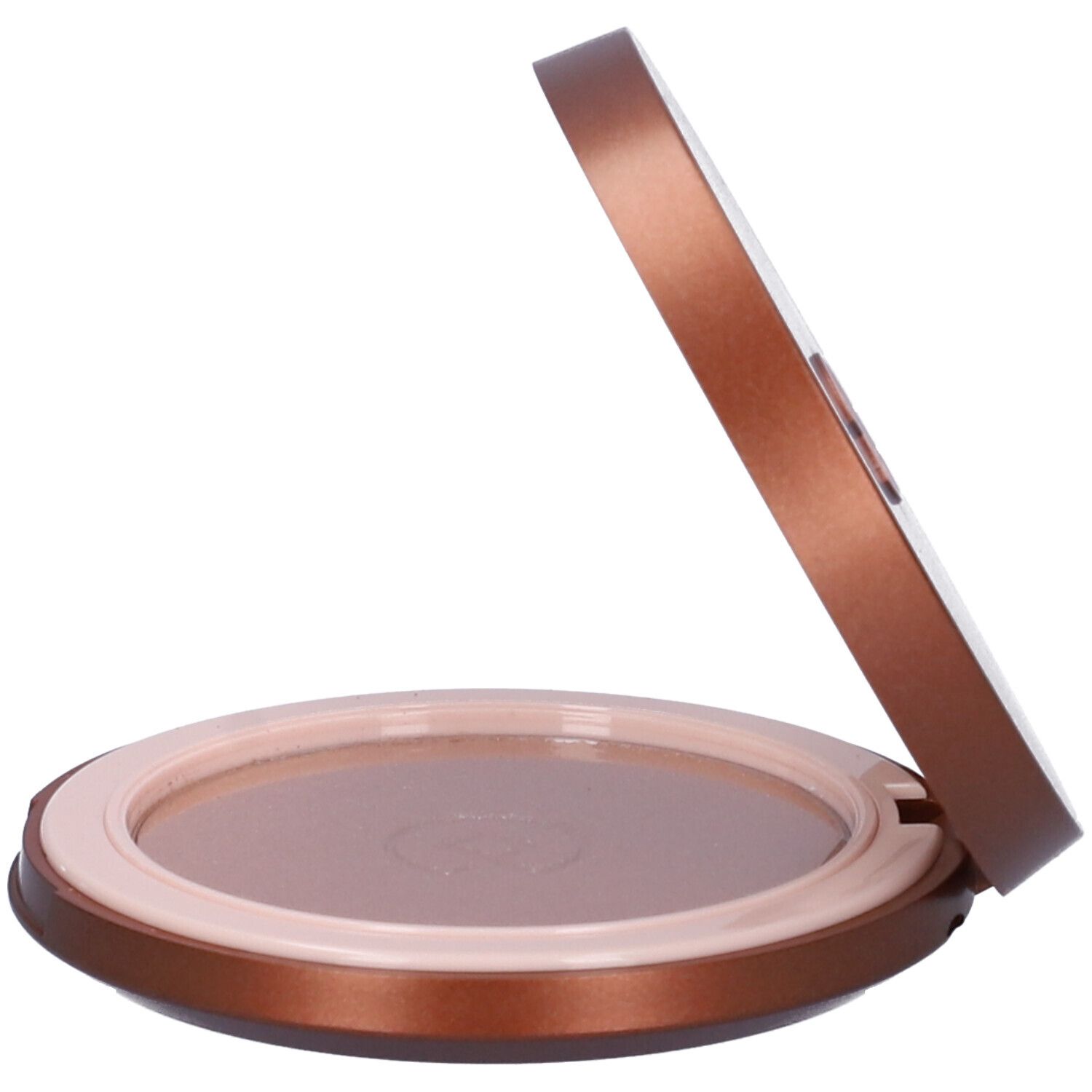 Cipria compatta bronzante rotonda aperta. Superficie in polvere marrone chiaro, coperchio marrone. Anello interno rosa.
