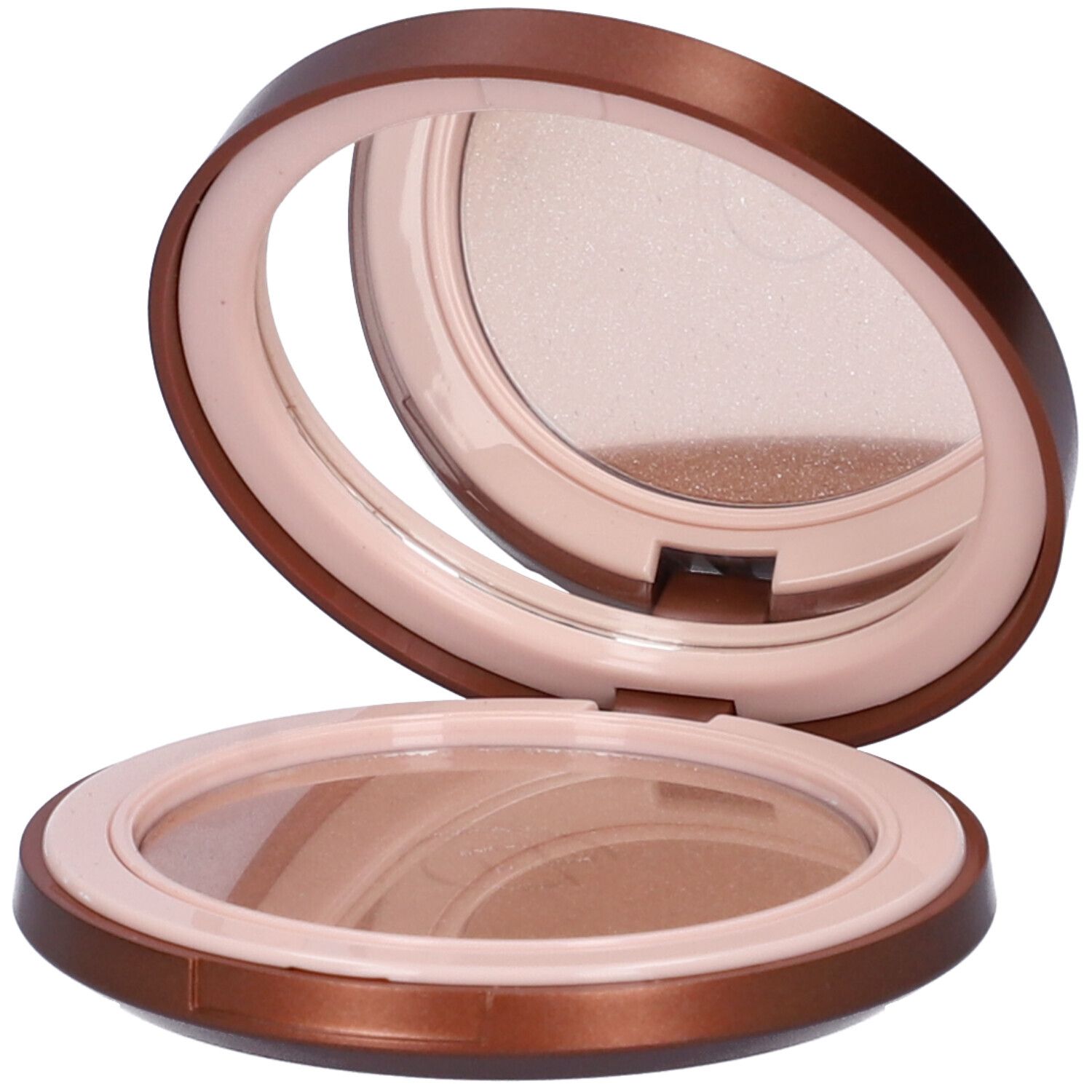 Cipria compatta bronzante rotonda aperta con specchio. Interno marrone chiaro, esterno marrone e rosa. Coperchio aperto.