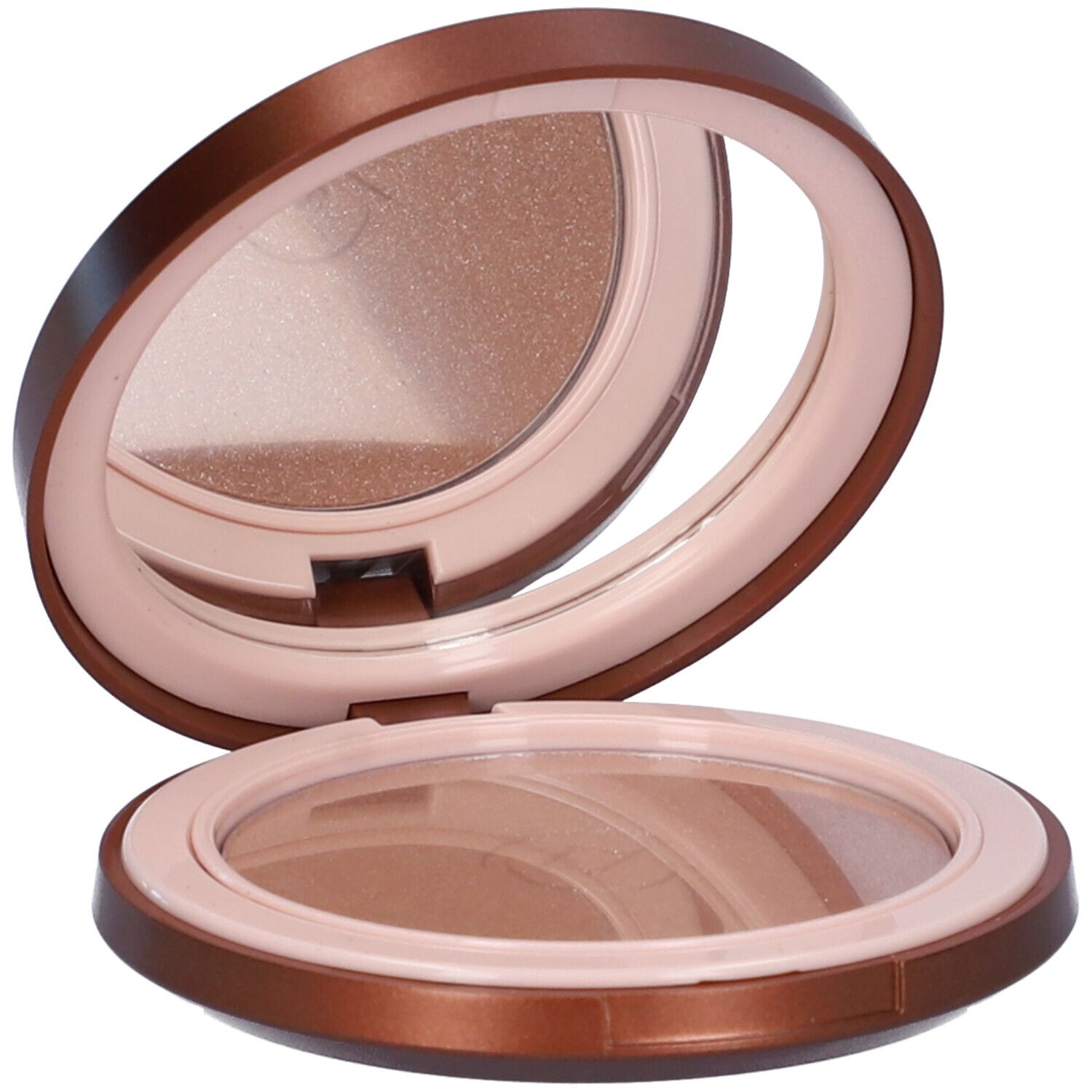 Cipria compatta bronzante rotonda aperta con specchio. Interno marrone chiaro, esterno marrone e rosa. Coperchio aperto.