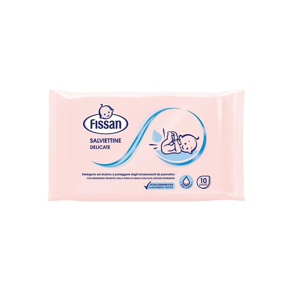 Confezione rosa con logo "Fissan Salviettine Delicate" e illustrazione bambino. 10 pezzi.