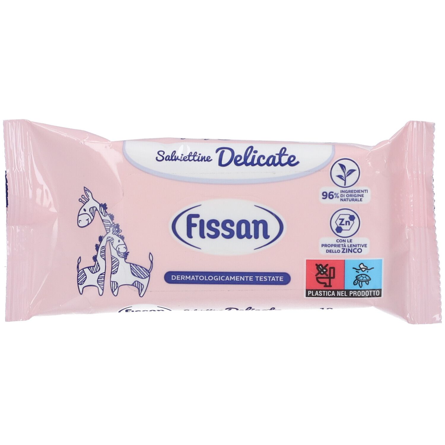 Confezione rosa "Fissan Salviettine Delicate" con illustrazione giraffe. Dermatologicamente testato.