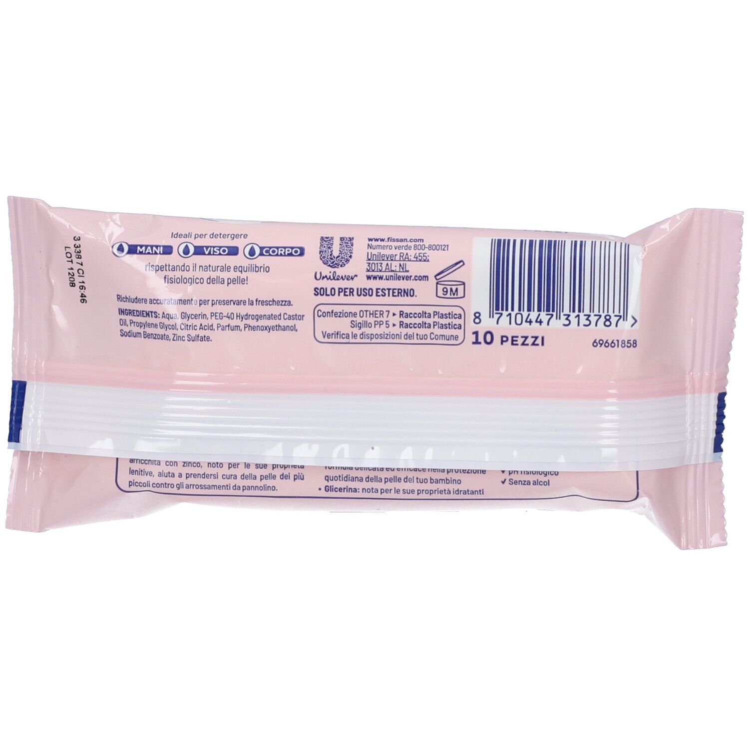 Retro della confezione rosa con testo e codice a barre. Contiene 10 pezzi.