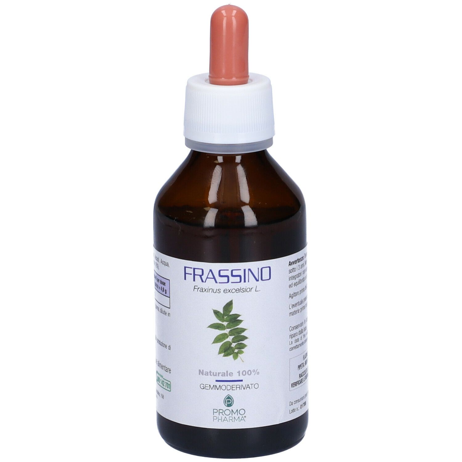 Flacone di vetro marrone con tappo bianco e pipetta. Scritta: FRASSINO, Gemmoderivato, PromoPharma.