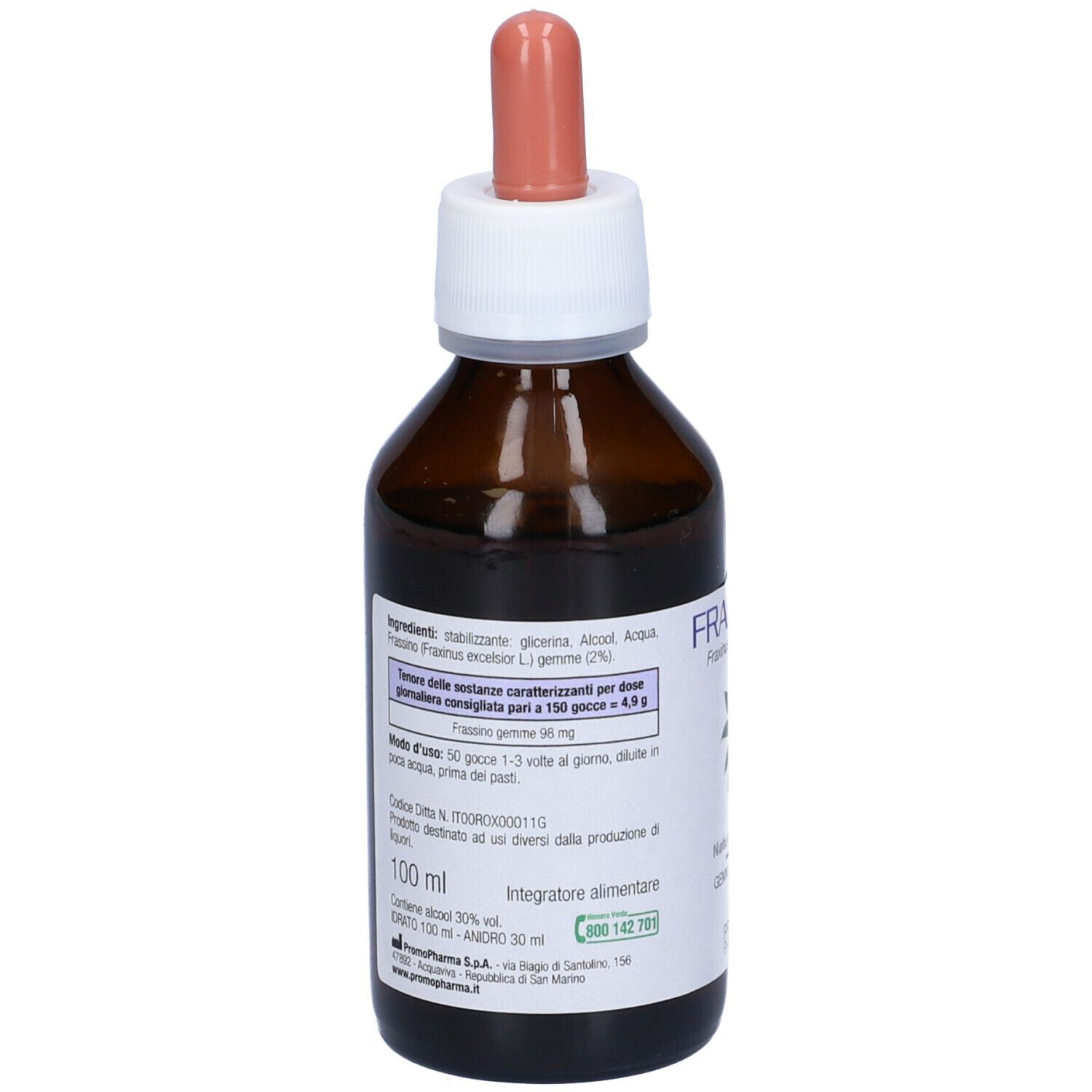 Flacone di vetro marrone con etichetta. Contiene informazioni su ingredienti, dosaggio e produttore. Con pipetta.