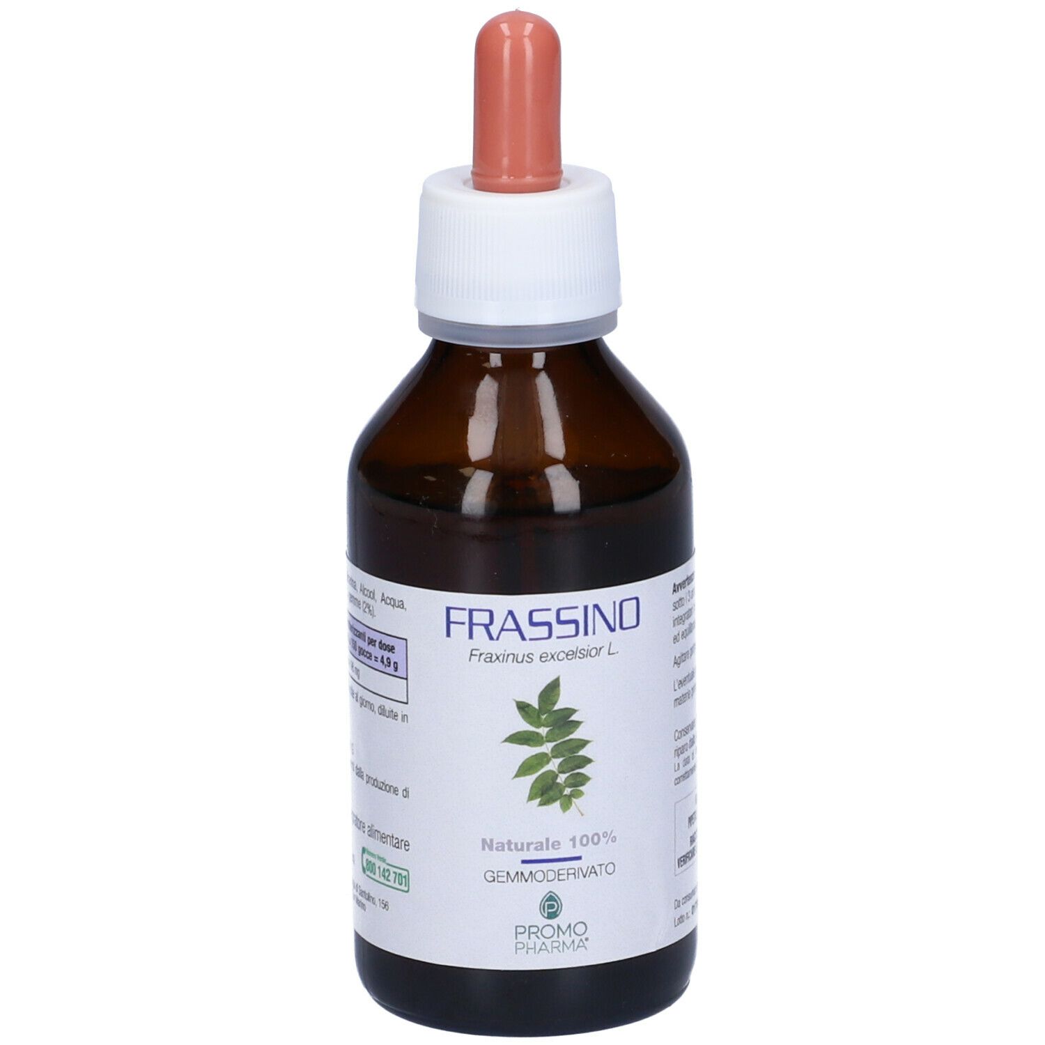 Flacone di vetro marrone con tappo bianco e pipetta. Scritta: FRASSINO, Gemmoderivato, PromoPharma. Con motivo a foglie.