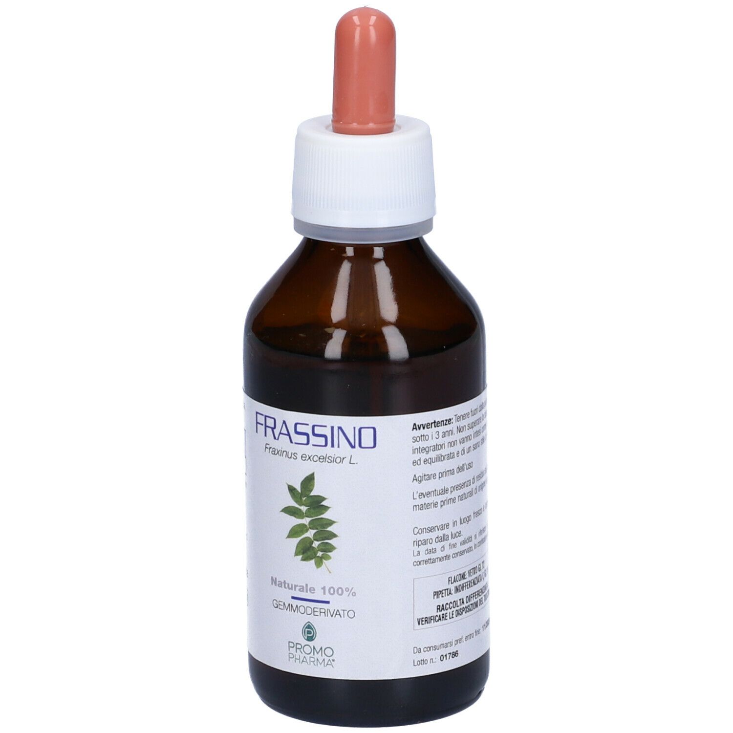 Flacone di vetro marrone con tappo bianco e pipetta. Scritta: FRASSINO, Gemmoderivato, PromoPharma. Con motivo a foglie.