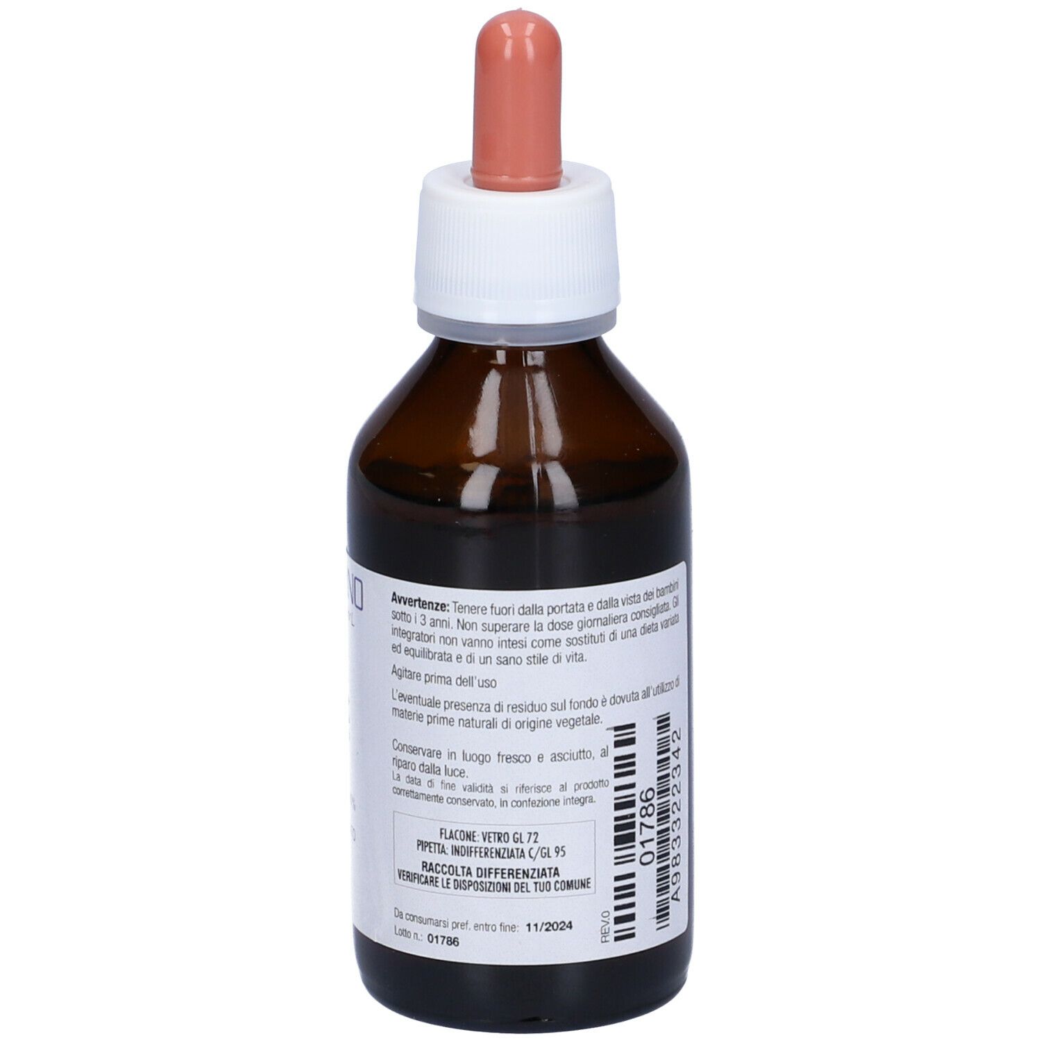 Flacone di vetro marrone con tappo bianco e pipetta. Etichetta con avvertenze e informazioni del produttore.
