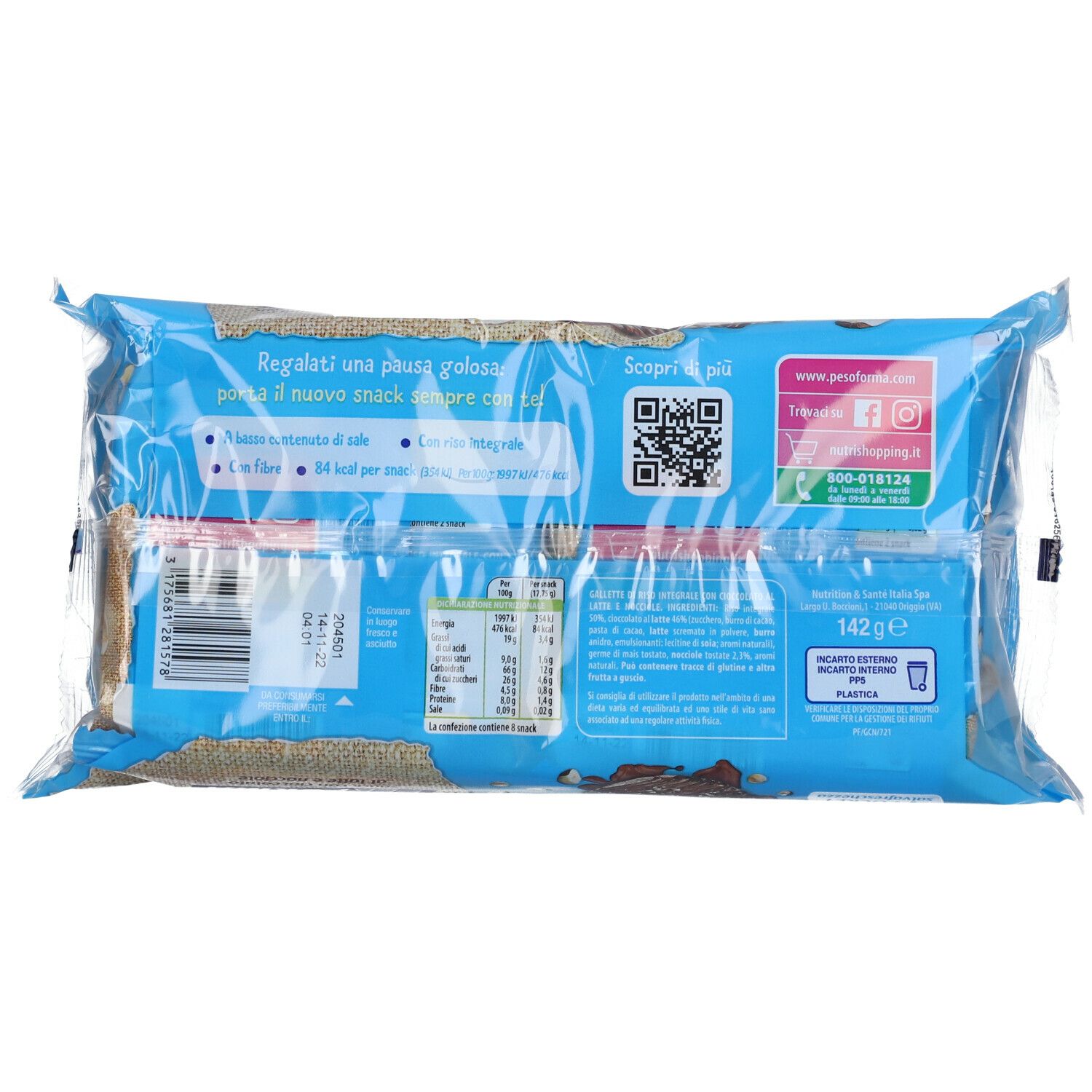 Retro confezione snack. Pellicola blu con testo e informazioni nutrizionali. Codice QR e contatti. Peso: 142g.