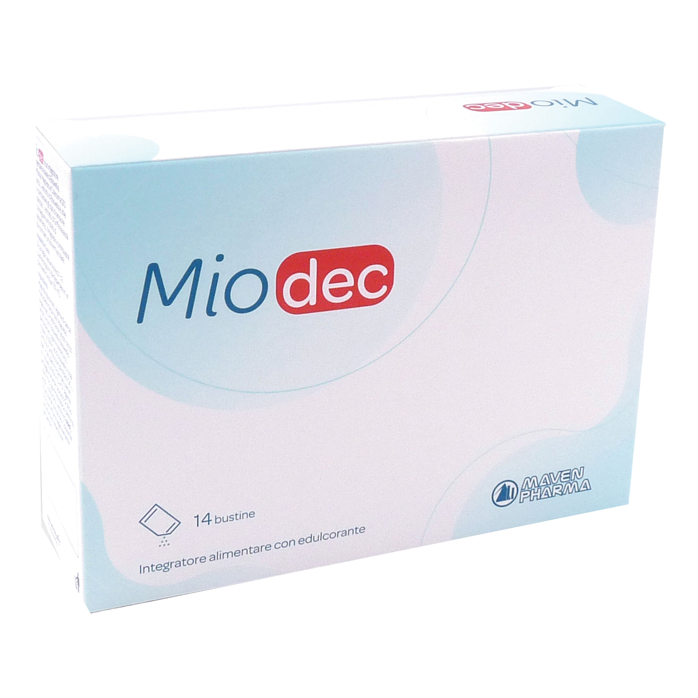 Scatola bianca "Miodec" con 14 bustine. Logo "Maven Pharma".