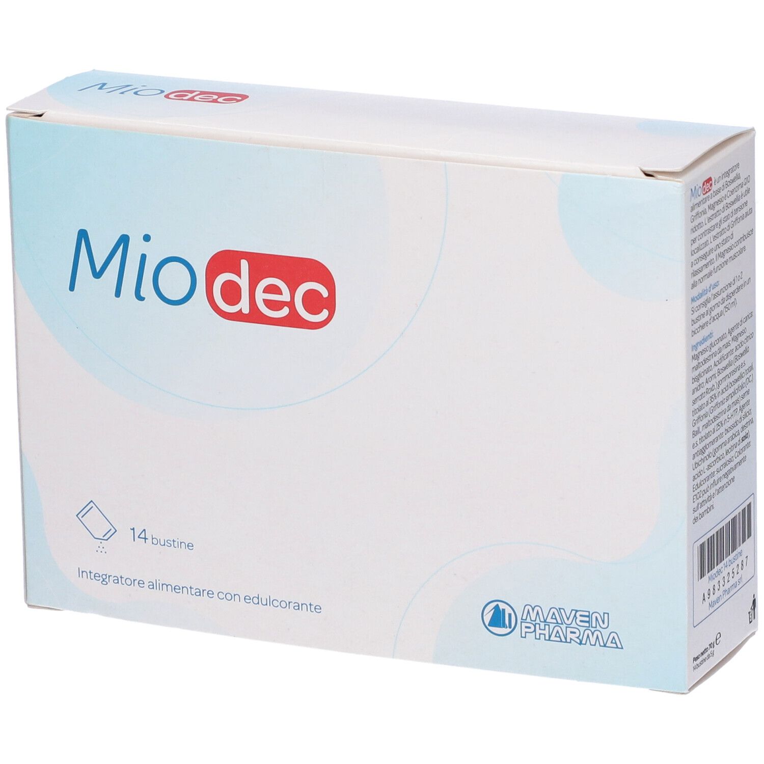 Scatola bianca "Miodec" con 14 bustine. Logo "Maven Pharma".