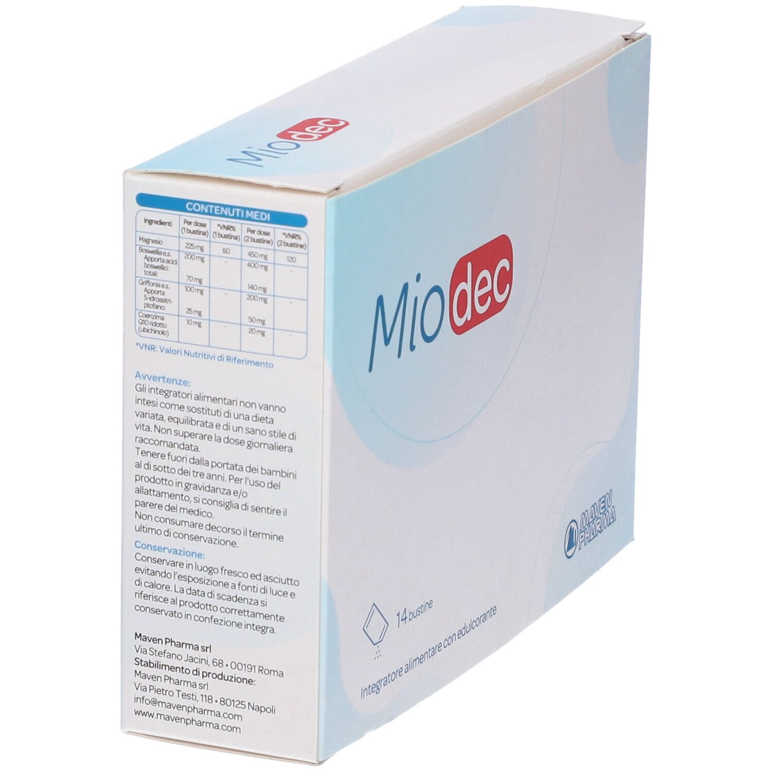 Scatola bianca "Miodec" con informazioni. 14 bustine. Logo "Maven Pharma".