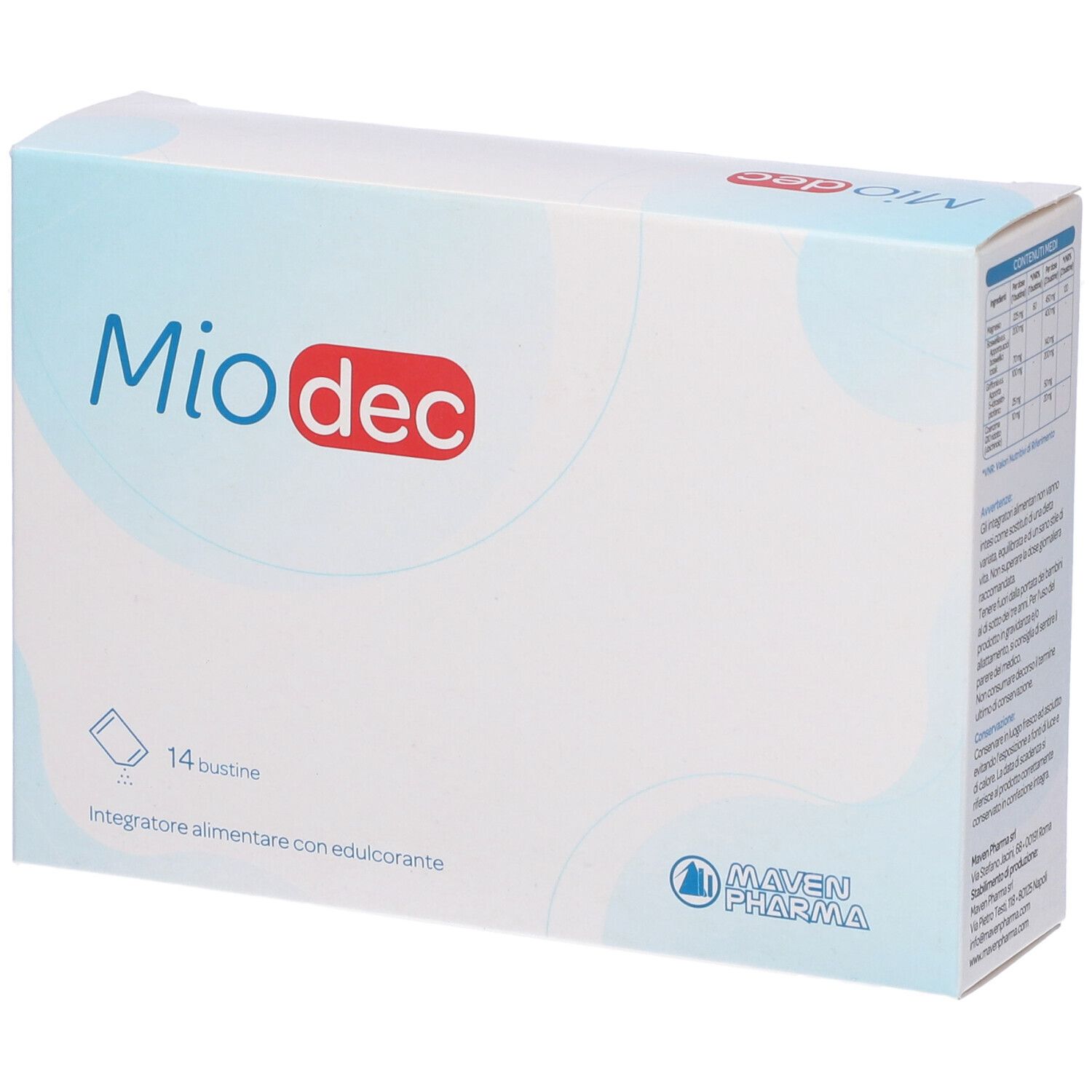Scatola bianca "Miodec" con informazioni. 14 bustine. Logo "Maven Pharma".
