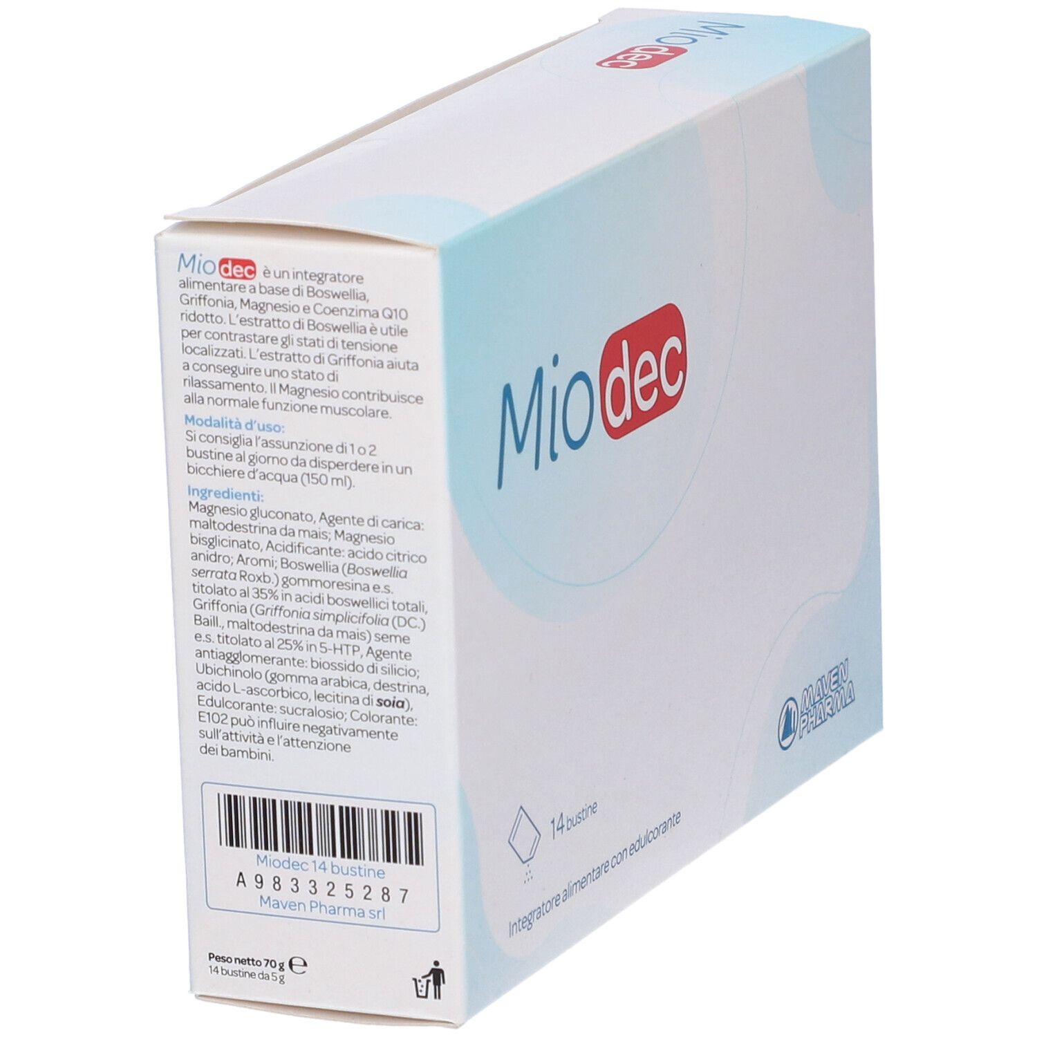 Scatola "Miodec" con informazioni e 14 bustine. Logo "Maven Pharma".