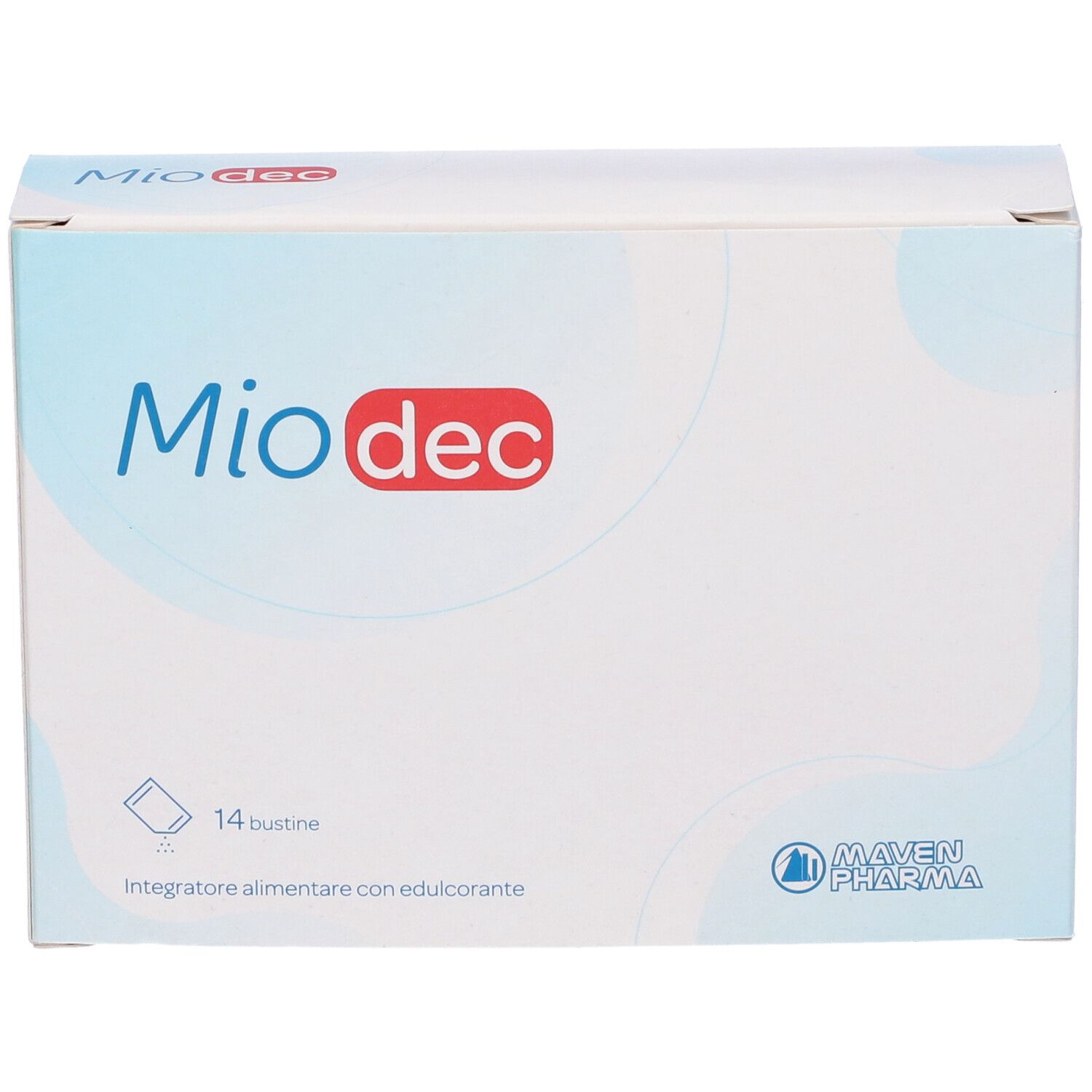 Scatola bianca "Miodec" con 14 bustine. Logo "Maven Pharma".