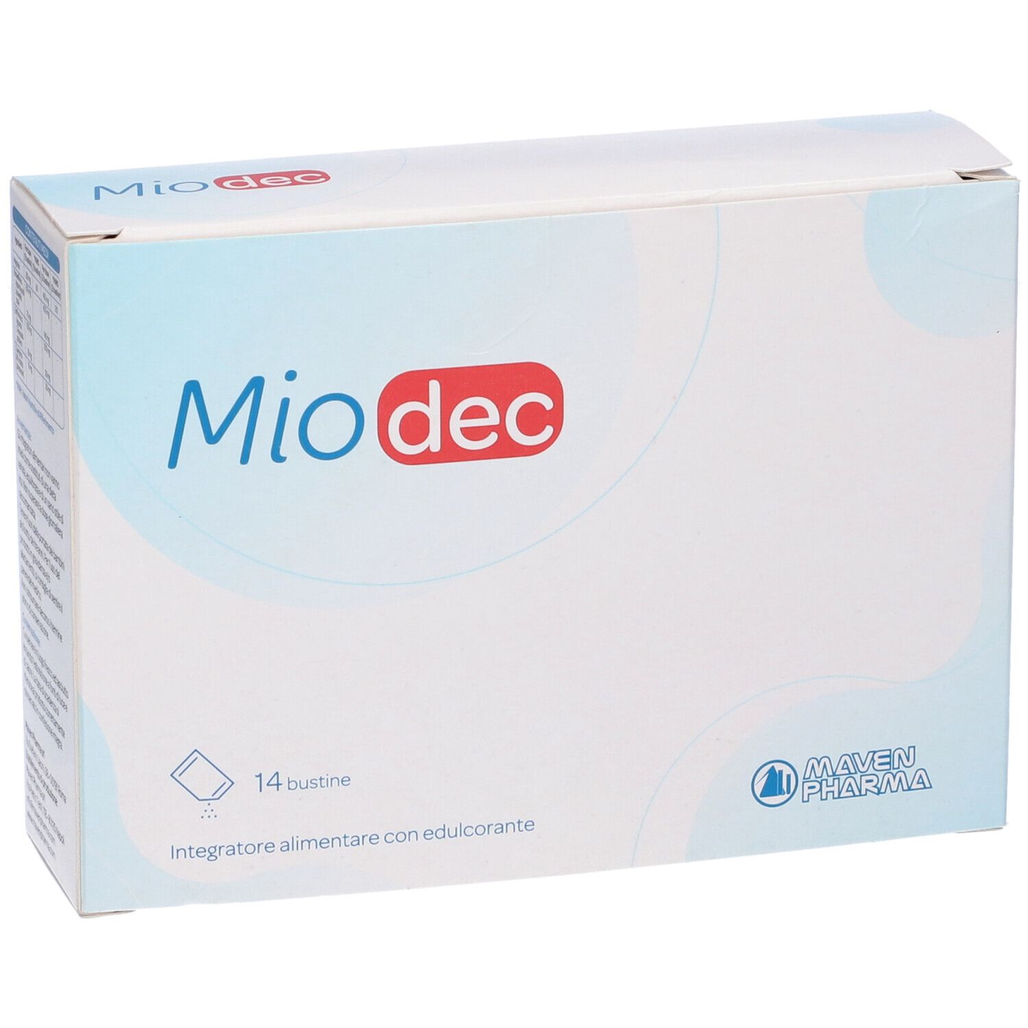 Scatola bianca "Miodec" con 14 bustine. Logo "Maven Pharma".