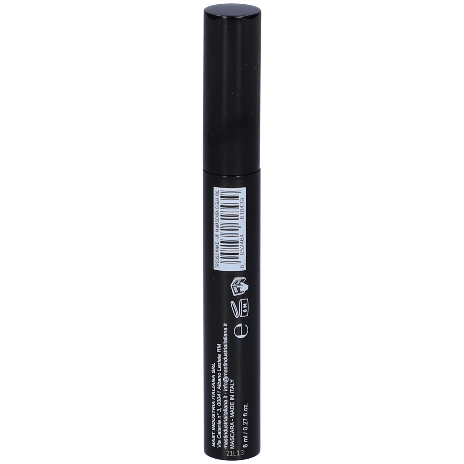 Mascara nero con tappo nero. Sul contenitore sono visibili codici a barre e testo.